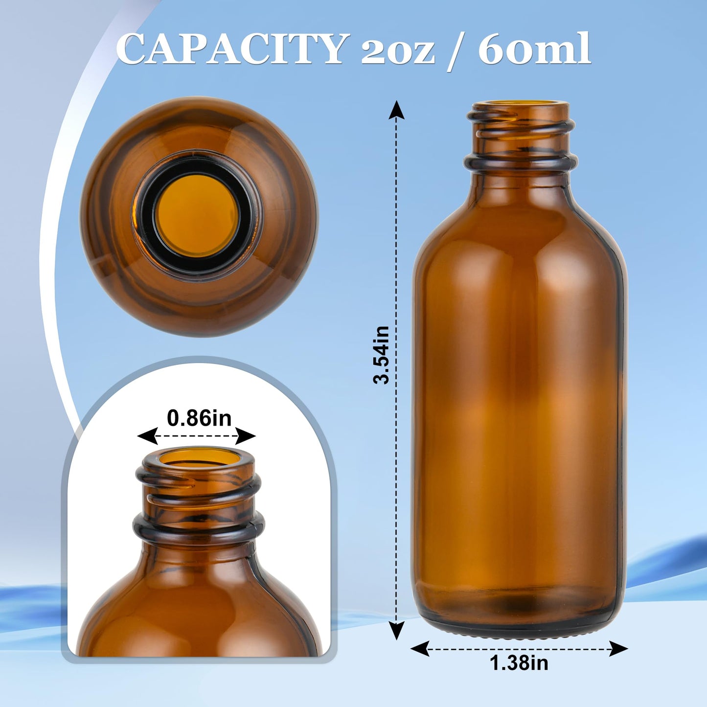 ZBCCEOB 2 oz Small Glass Bottles with Lids Boston Round Shot Bottles for Health,Immunity, Ginger Juice, Essential Oils, Leak Proof Mini Travel Containers (Amber, 24Pack)