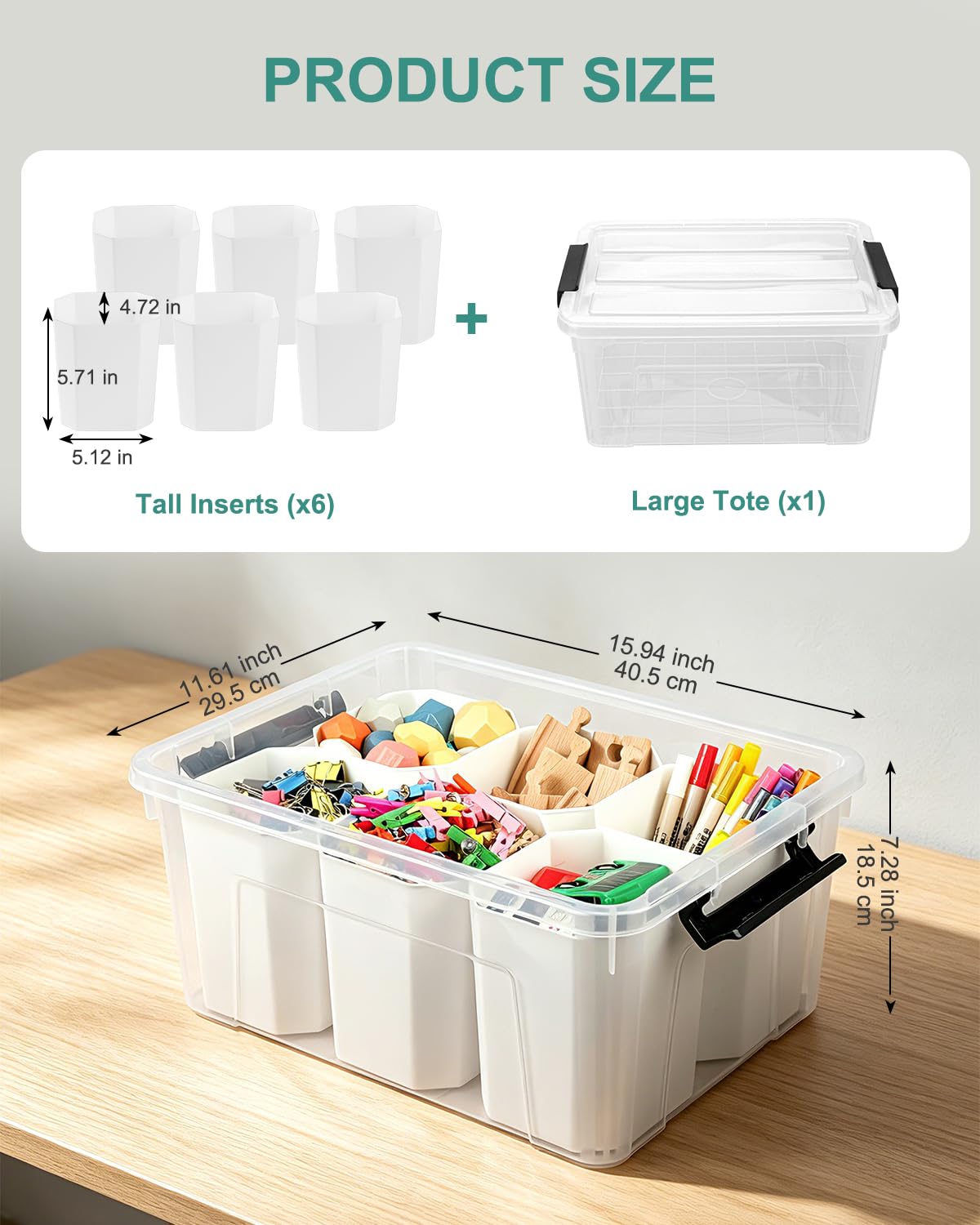 EOENVIVS Clear Storage Tote with 6 Tall Inserts, Stackable craft organizers and storage Box, Plastic Storage Bins with Lids and Handles for Crafts, Jewelry & Sewing, Art Supplies, Markers, Pens