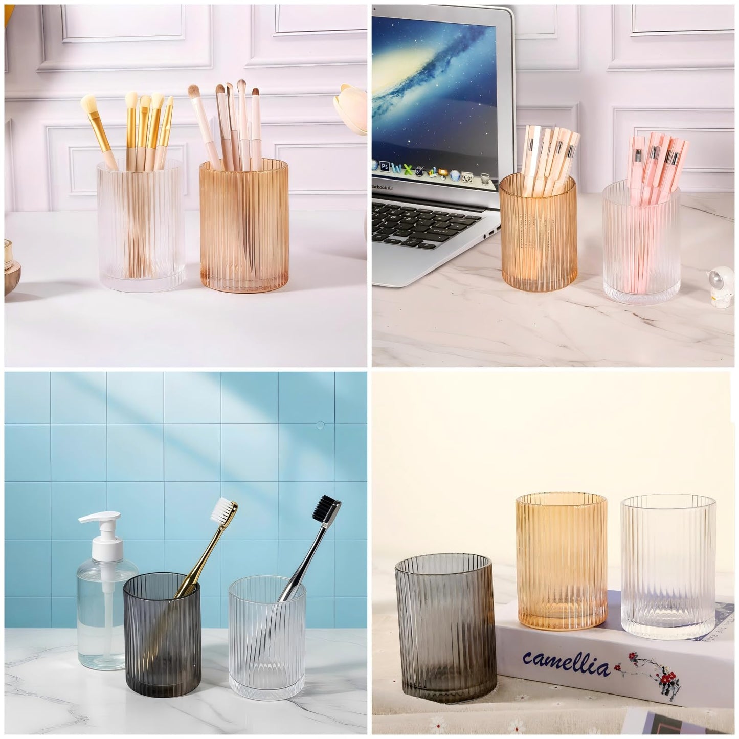 DASITON Makeup Brush Holder Organizer, Crystal Cosmetic Makeup Brushes Storage Holder, Glass Make Up Brush Holder, Vintage Striped Make Up Cup Desk Pen Pencil Holder, Toothbrush Holders (Gray S)