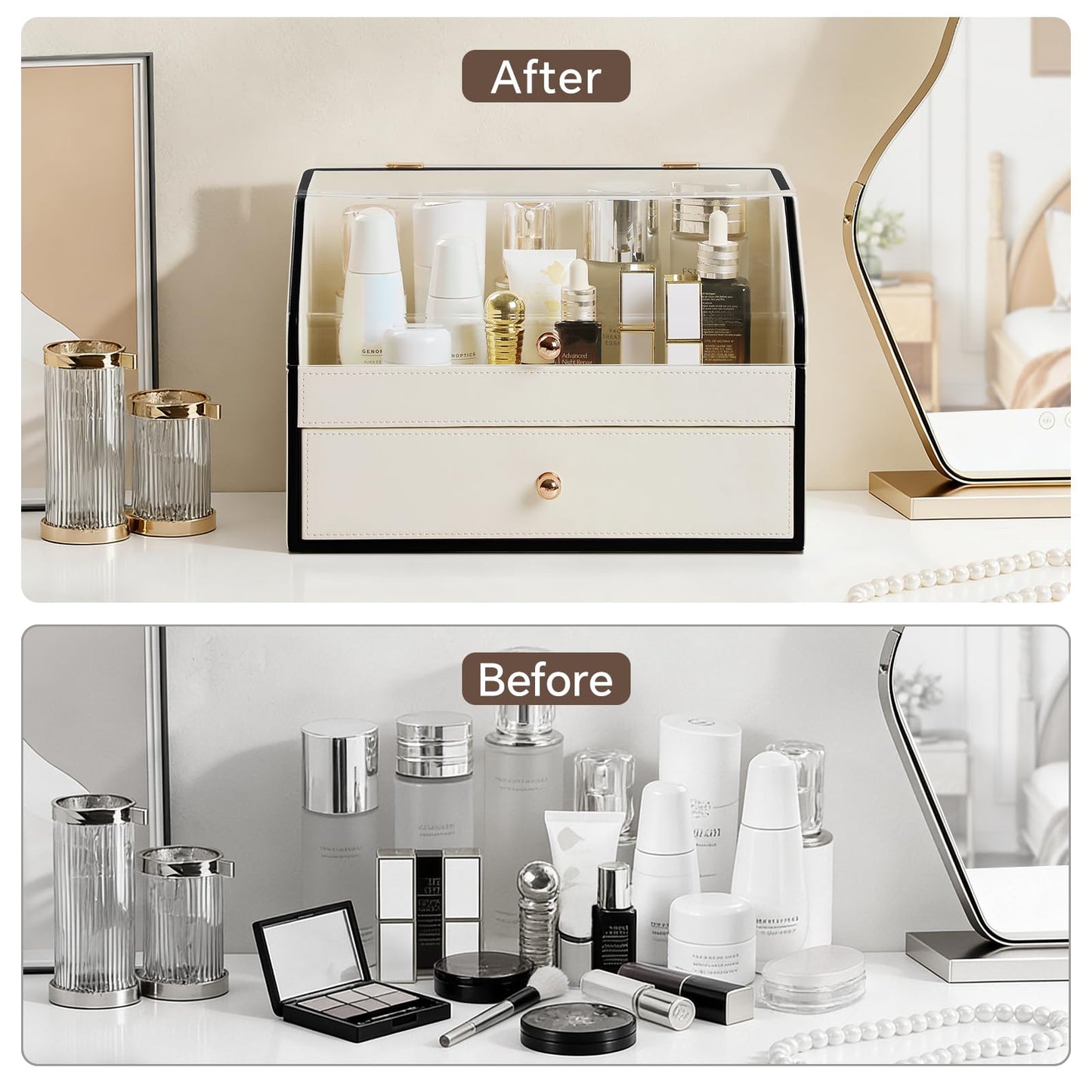naiwenmoer Leather Makeup Organizer & Skincare Storage Rack - Cosmetic Display Case with Dustproof Transparent Cover, Drawer Jewelry Storage, for Bedroom Vanity, Perfume & Lipstick Organizer - White