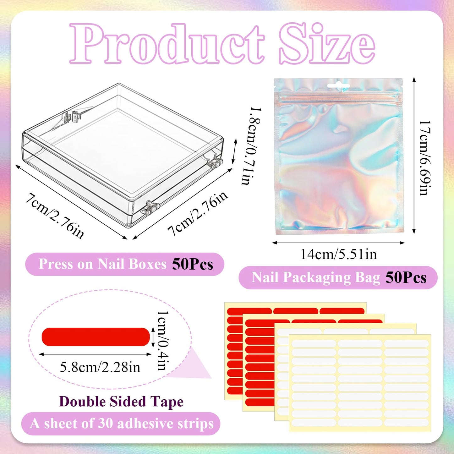 Worldity 50 Sets Nail Packaging for Press Ons, Clear Press on Nail Storage Box with Adhesive Double Sided Tape and Nails Packaging Bag, Artificial Nail Display Case for Nail Salon