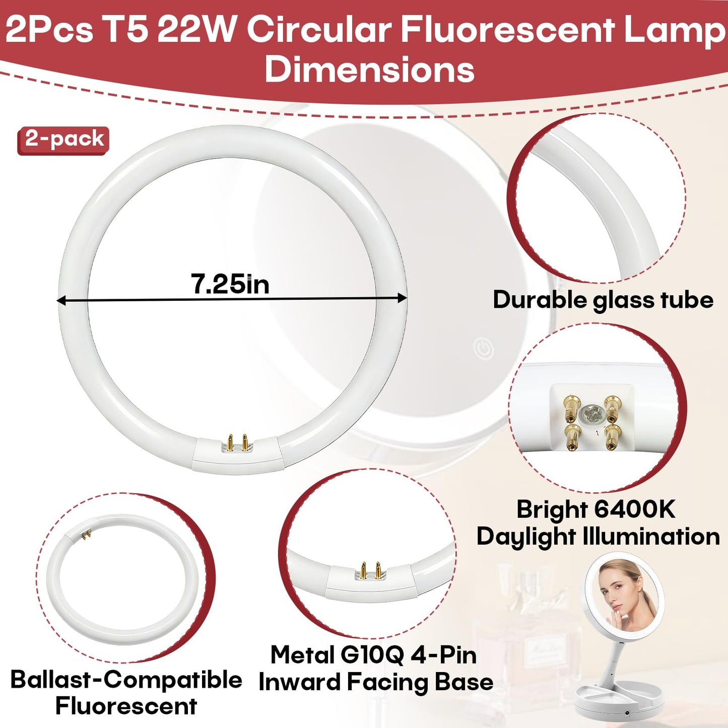 Itsall 2-Pack 22W T5 Circular Bulb Compatible with Floxite, Zadro and Rialto Vanity Mirrors, 7.25 Inch Round Fluorescent Tube with G10Q-4 Base, 6500K Daylight