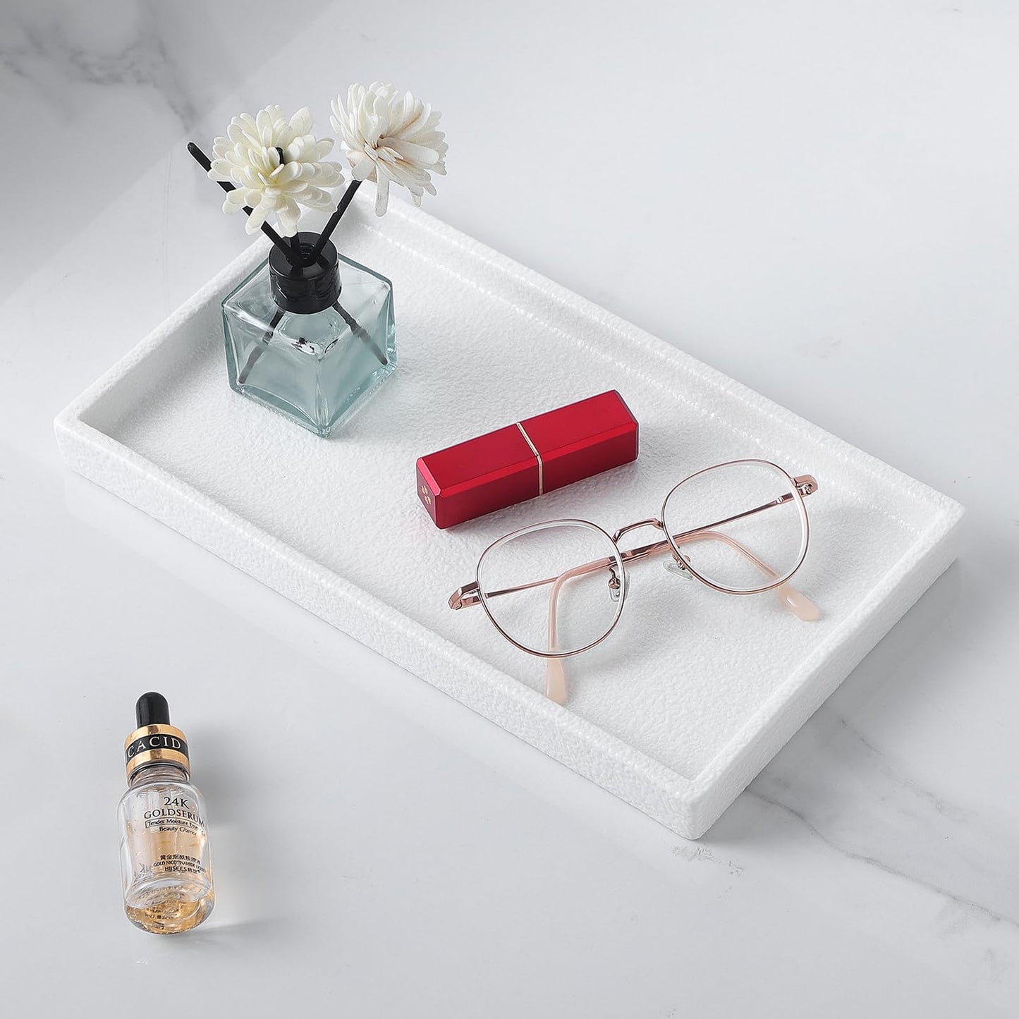 Eyrozia Bathroom Vanity Tray - 11'' Ceramic Rough-Textured Rectangle Countertop Tray, Heavy-Duty Perfume Organizer Plate, Jewelry Ring Tray, Kitchen Soap Dispenser Stone Trays, White
