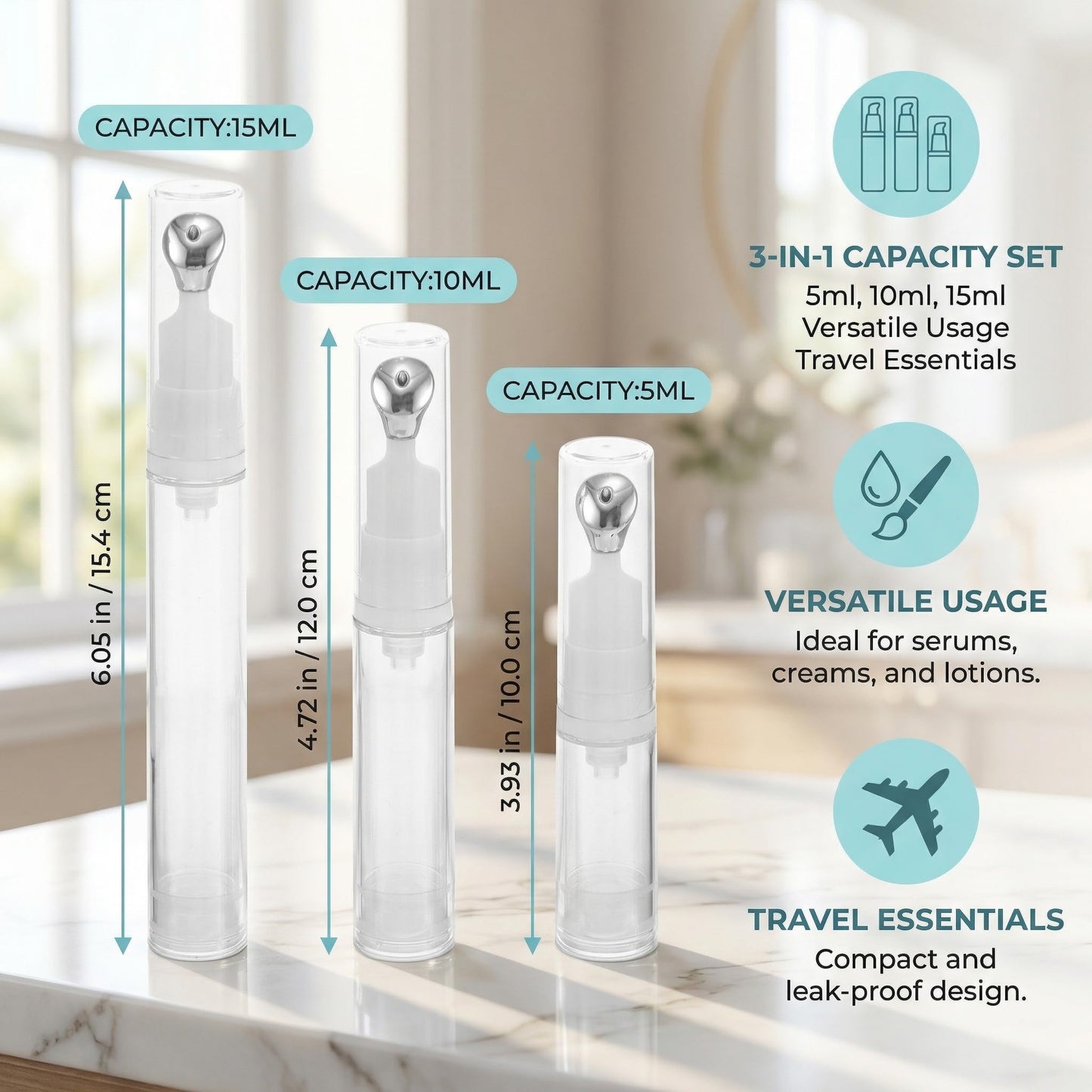 6pcs Eye Cream Applicator Tool: 5ml/10ml/15ml Eye Gel Cream Container Flat Applicator - Massager Tip Head Airless Pump Skincare Bottle Refillable Roll On Dispenser