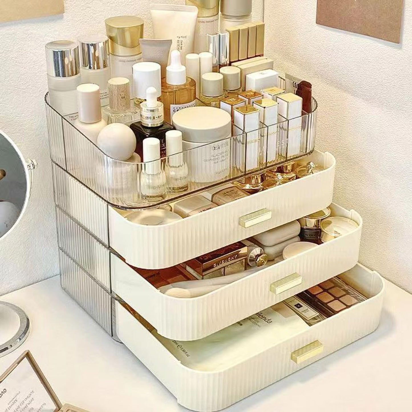 MIUOPUR Makeup Organizer with Stackable Drawers, Bathroom Vanity Organizers and Storage, Ideal for Desk and Dresser Countertops, Great for Cosmetics, Skincare, Lipsticks, Nail Care - Cream