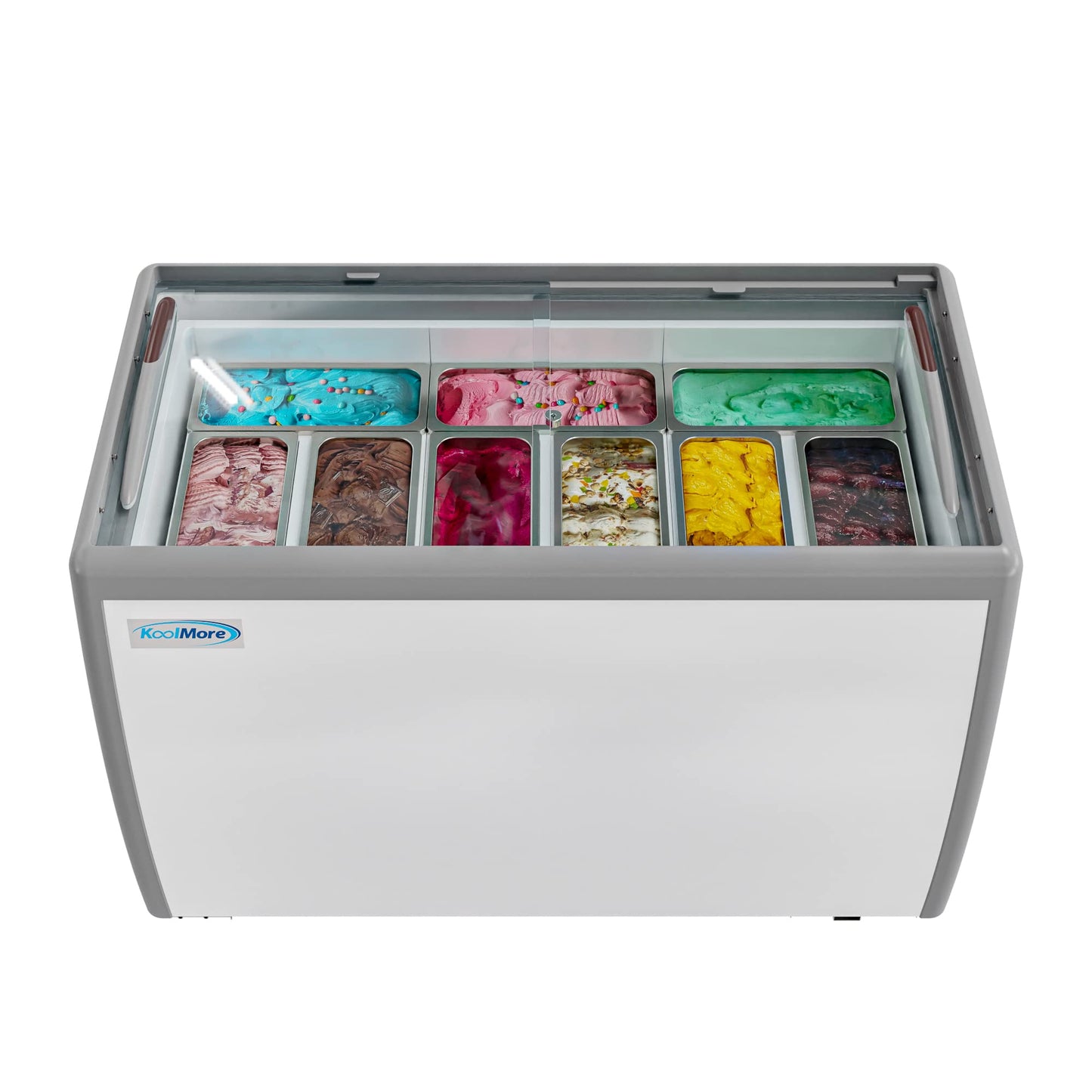KoolMore Commercial Gelato Dipping Cabinet, Clear Display Case with a Large 9-Pan Capacity, Rolling Wheels, and Lockable Breaks
