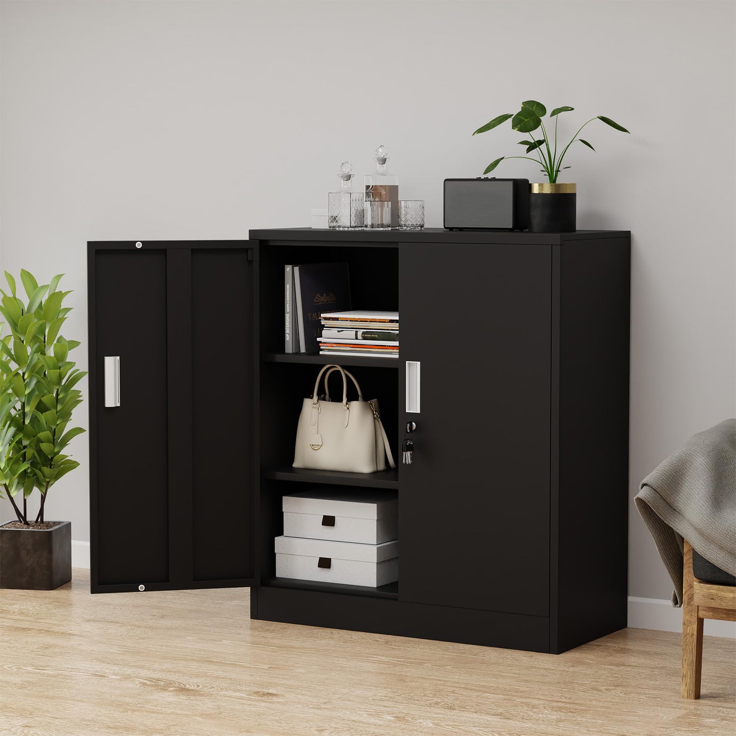 iJINGUR Metal Storage Cabinet with Locking Doors and 2 Adjustable Shelves, Small Lockable Storage Cabinet for Home Office Garage (Black)