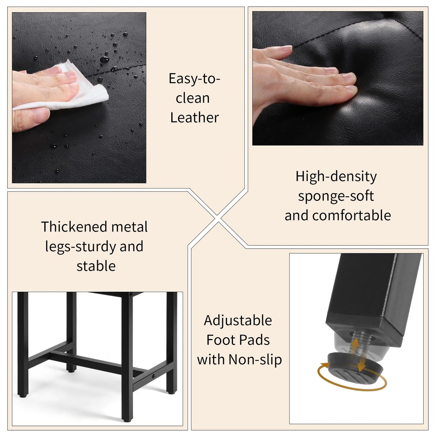 FLYZC Saddle Seat Vanity Stool, Makeup Stool Chair with Metal Leg, U-Shaped Faux Leather Ottoman Foot Rest, Small Square Chairs Under Desk for Vanity, Living Room, Bedroom, Modern Makeup Bench Black