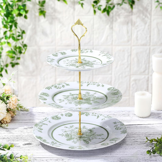 Lallisa Sage Green Floral 3 Tier Dessert Stand 10", 9" and 7" Ceramic Vintage Chinoiserie Tea Party Tiered Tray Cupcake Stand Display Holder Tower for Wedding Baby Shower Bridal Shower Tea Party