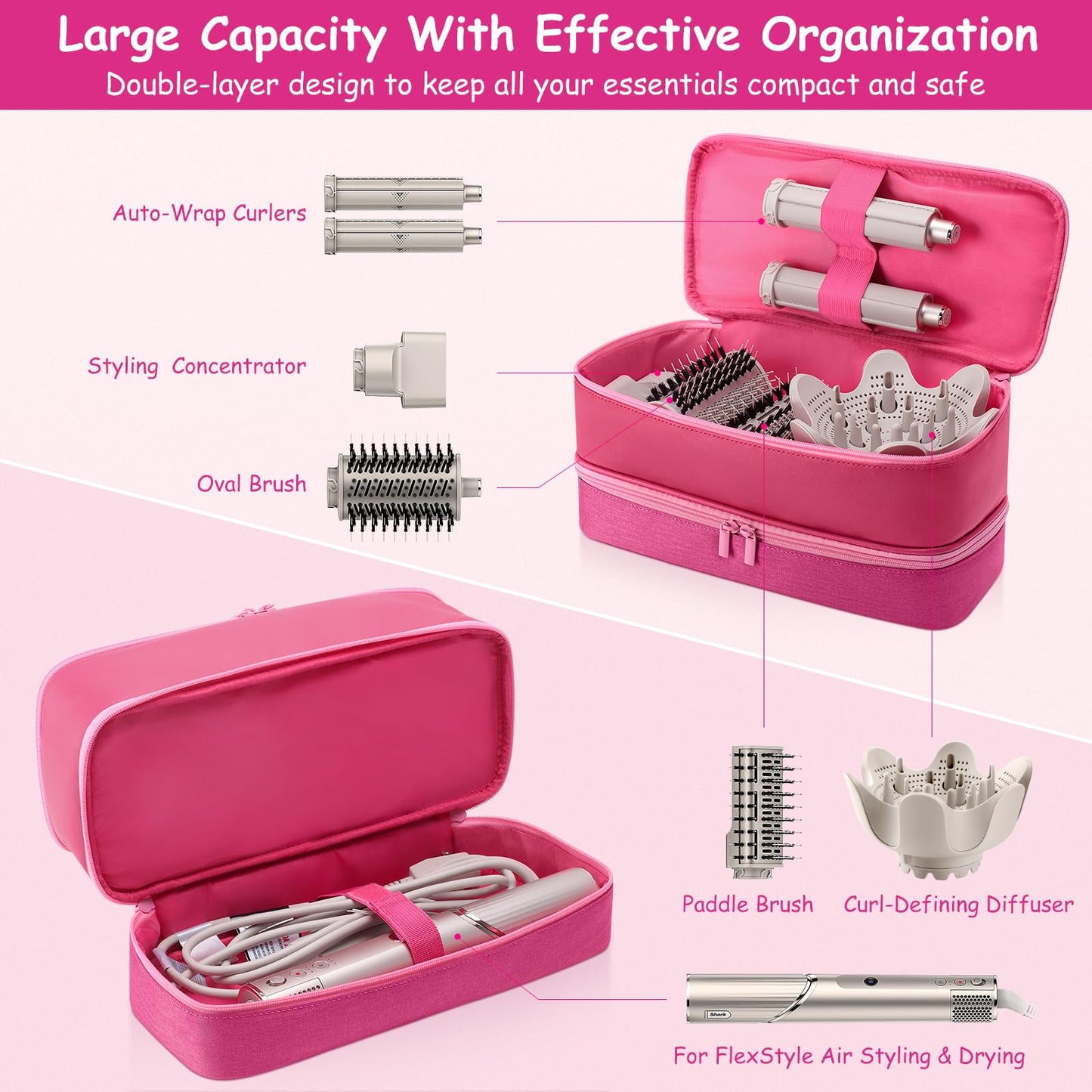 Travel Carrying Case for Hair Dryer for Shark Flexstyle Double-Layer Hair Accessories Tools Storage Bag for Revlon Hairdryer Styler Organizer (P-Pink)
