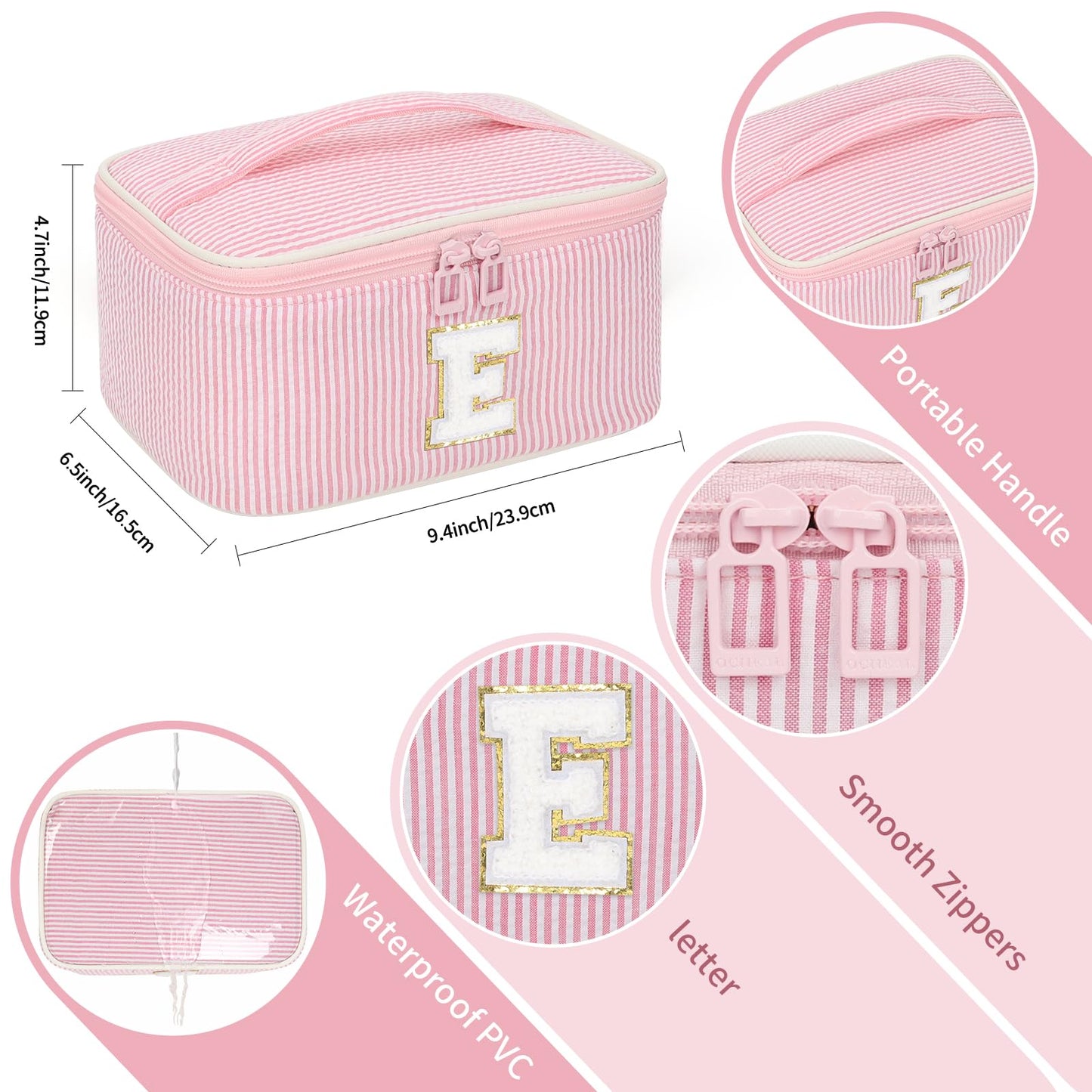 OCHEAL Makeup Bag for Women, Monogram Cosmetic Bag Pink Travel Makeup Case Beauty Toiletry Bag Organizer Personalized Gifts for Girls Bridesmaid, Sister, Wife, Friends Initial E
