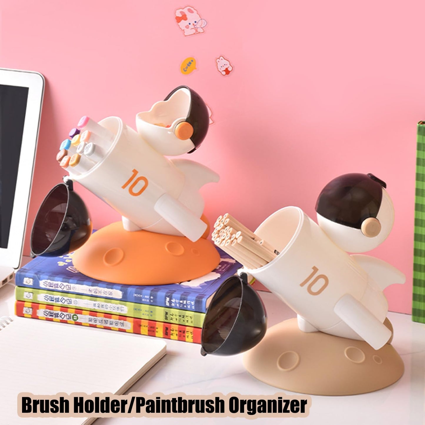 Jaugufiy Cartoon Rocket Pen Holder Pencil Holder Desk Pen Organizer Office Desktop Stationery Organizer Makeup Brush Holder Cup for Home Decoration Birthday Gift (Khaki)