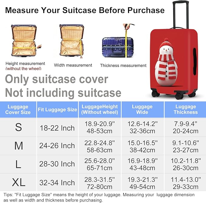 Snowman Christmas Luggage Cover - Red Background with Cute Snowman in Striped Scarf, Simple Stretchable Suitcase Cover 24 26 Inch