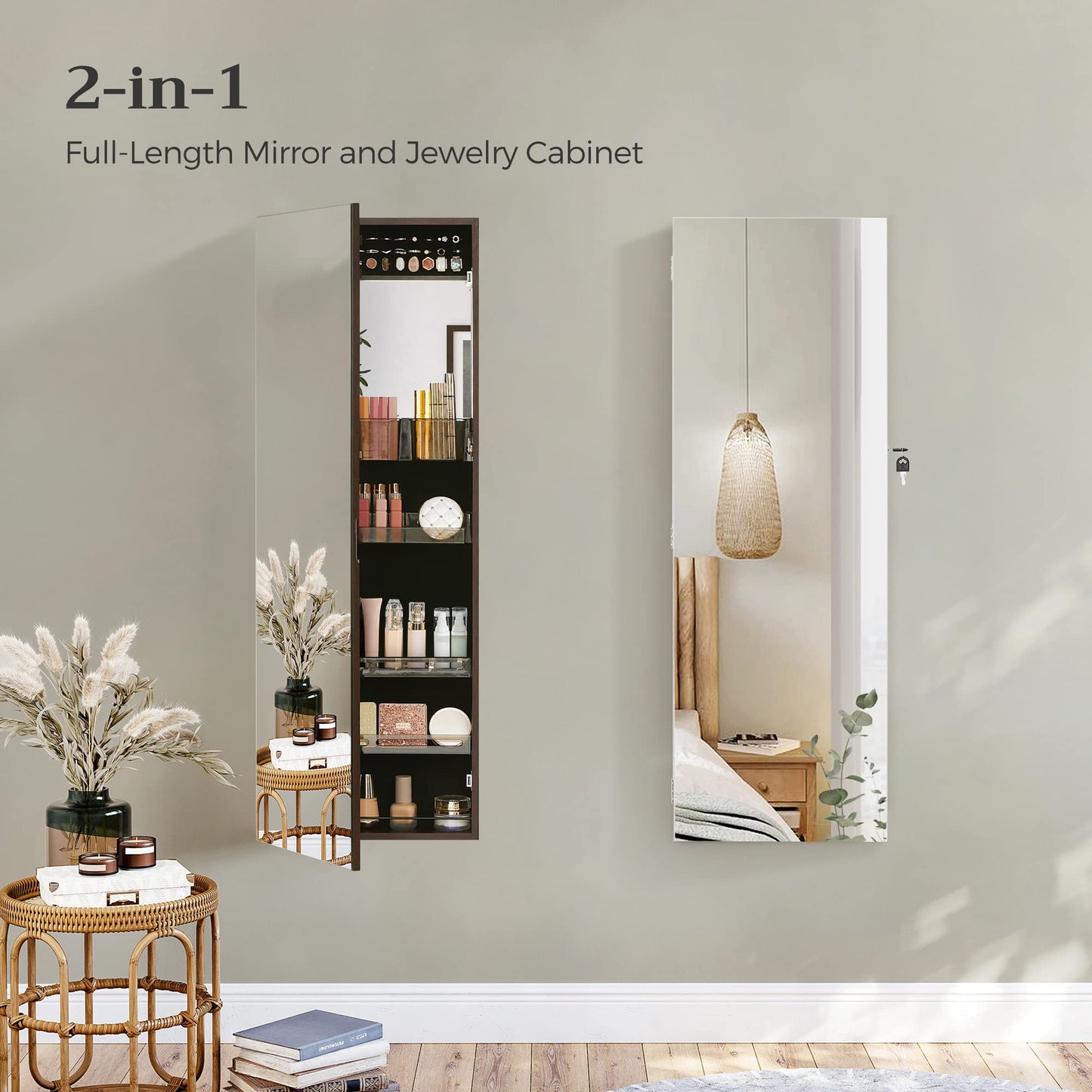 SONGMICS Jewelry Cabinet Armoire, Wall or Door Mount Storage Organizer with Full-Length Frameless Mirror, Lockable Cabinet with Built-in Small Mirror, Shelves, Gift Idea, Brown UJJC003K01
