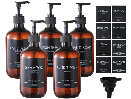 Mithrgrous 5Pack Amber Shower Bottles Refillable with Labels,16.9oz(500ml) Reusable Shampoo and Conditioner Bottles,Shampoo Dispenser Bottles