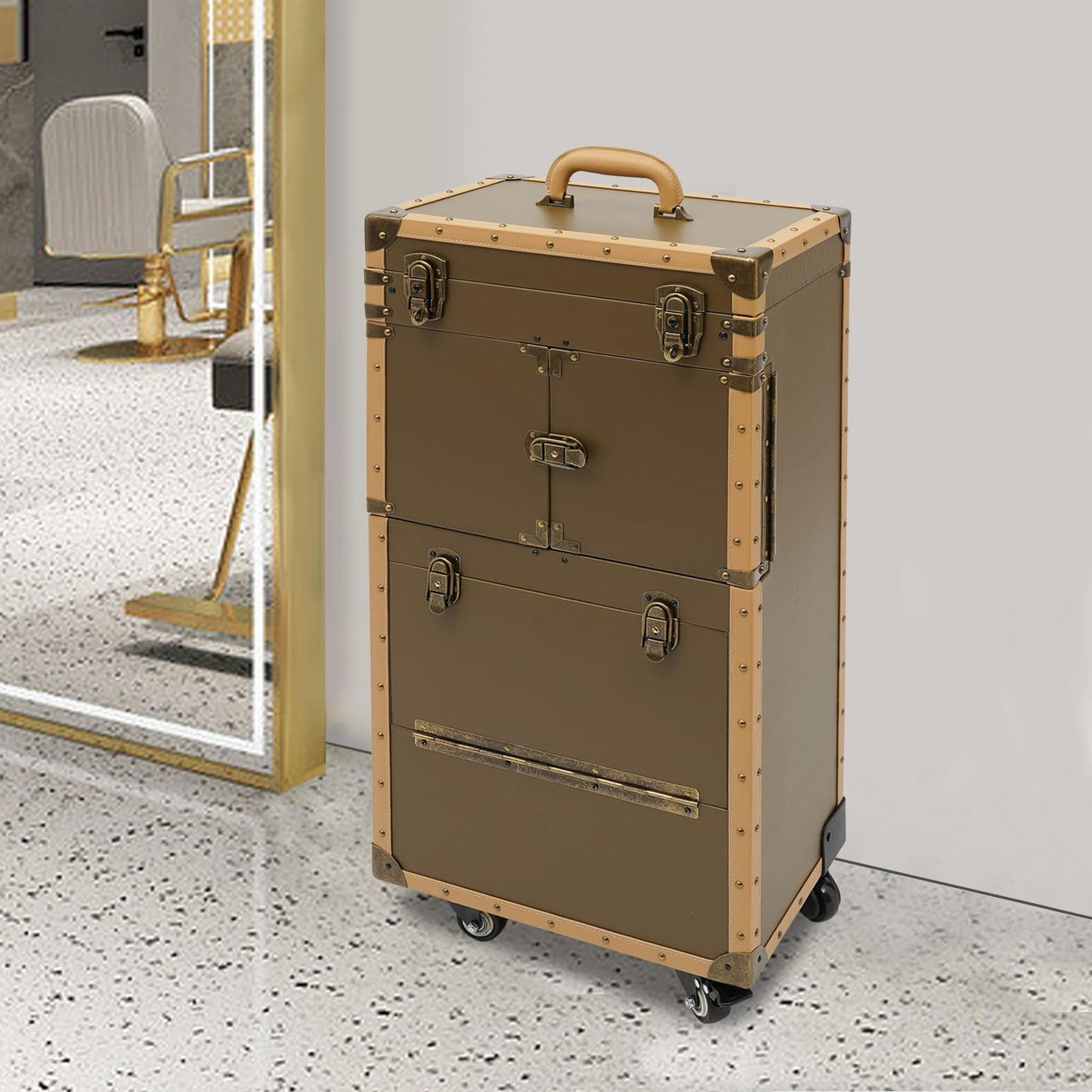 Rolling Makeup Train Case, 15" x 10" x 32" Lockable Hairdressing Trolley Makeup Case Organizer Professional Cosmetic Travel Case with Wheels, for Hairstylist Artist Salon (Gold, with 2 Lock)