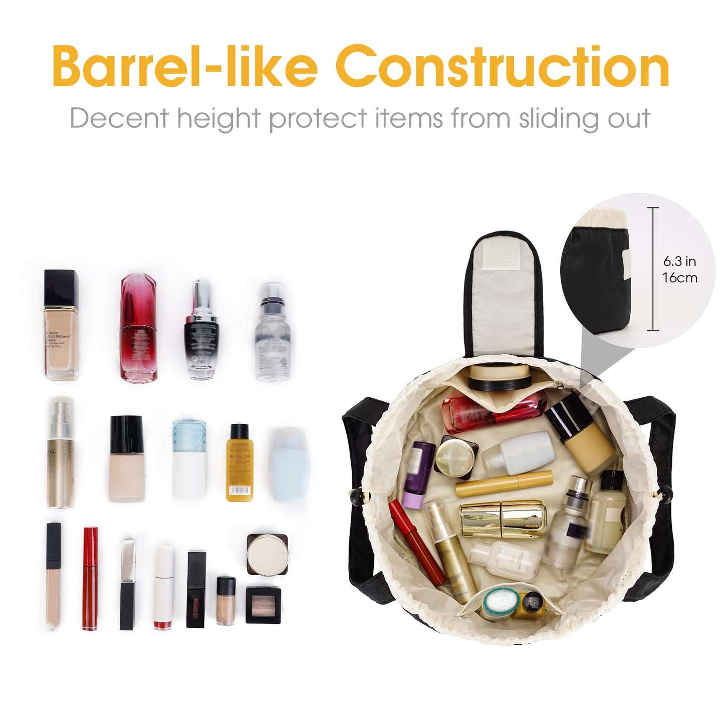 Narwey Barrel Drawstring Makeup Bag With Make Up Bag