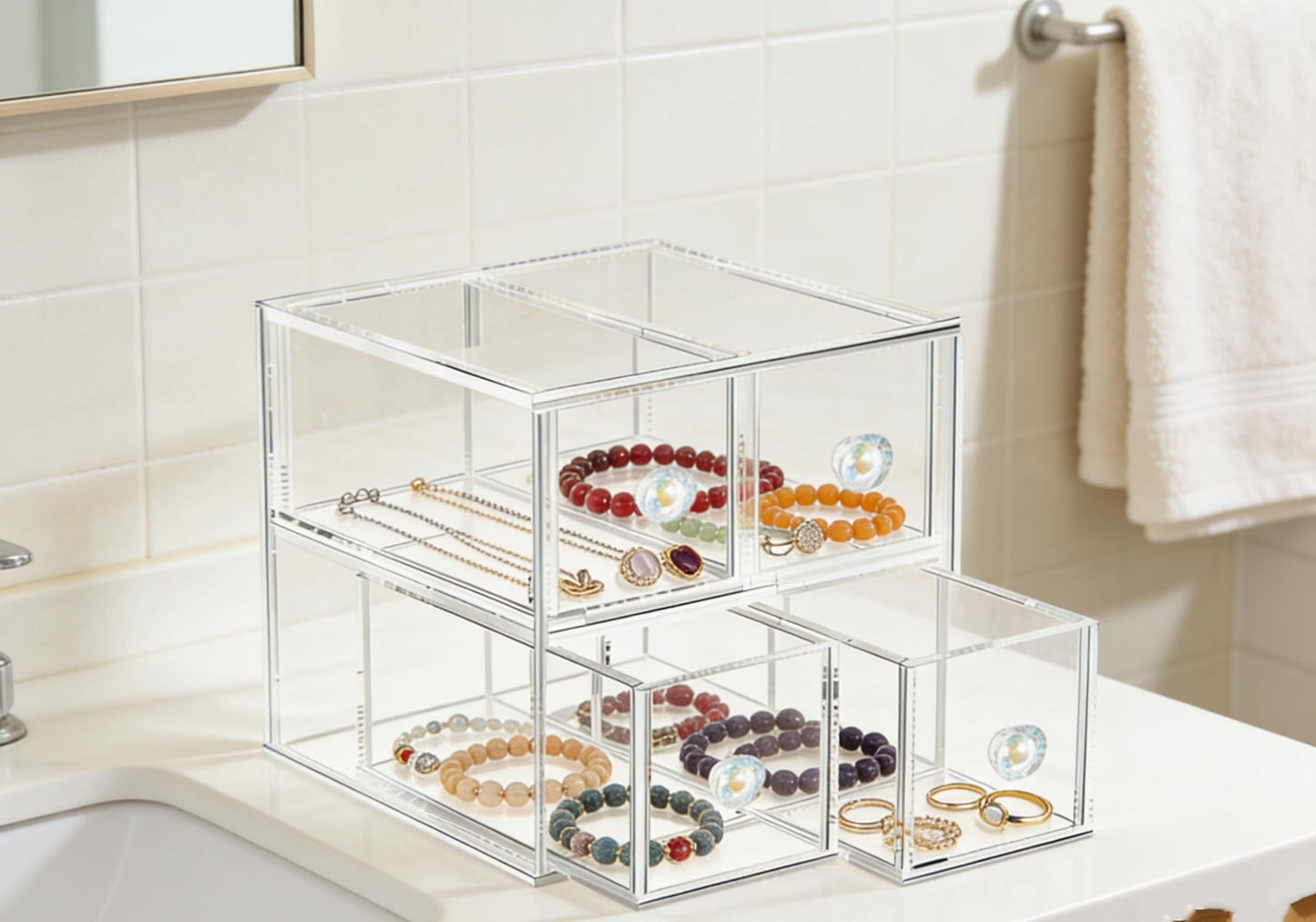 HESIN Clear Acrylic Makeup Organizer with 4 Drawer Trays, Cosmetic Storage for Bedroom, Bathroom, Countertop, Dresser (Medium, 4)