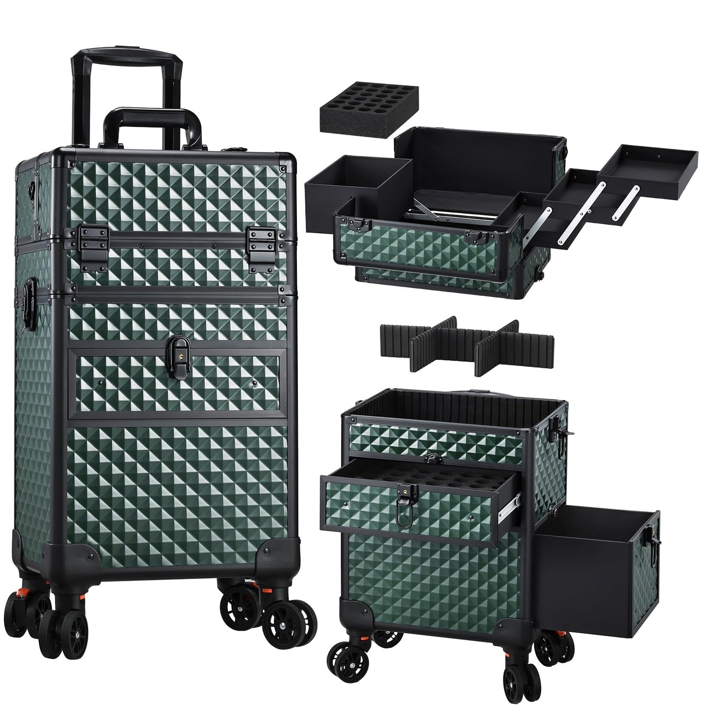 Joligrace Rolling Makeup Case with Drawers - Tattoo Storage Organizer Travel Cart for Nail Tech, Cosmetology, Barber Tools - Portable Suitcase on Wheels Dark Green