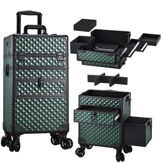 Joligrace Rolling Makeup Case with Drawers - Tattoo Storage Organizer Travel Cart for Nail Tech, Cosmetology, Barber Tools - Portable Suitcase on Wheels Dark Green