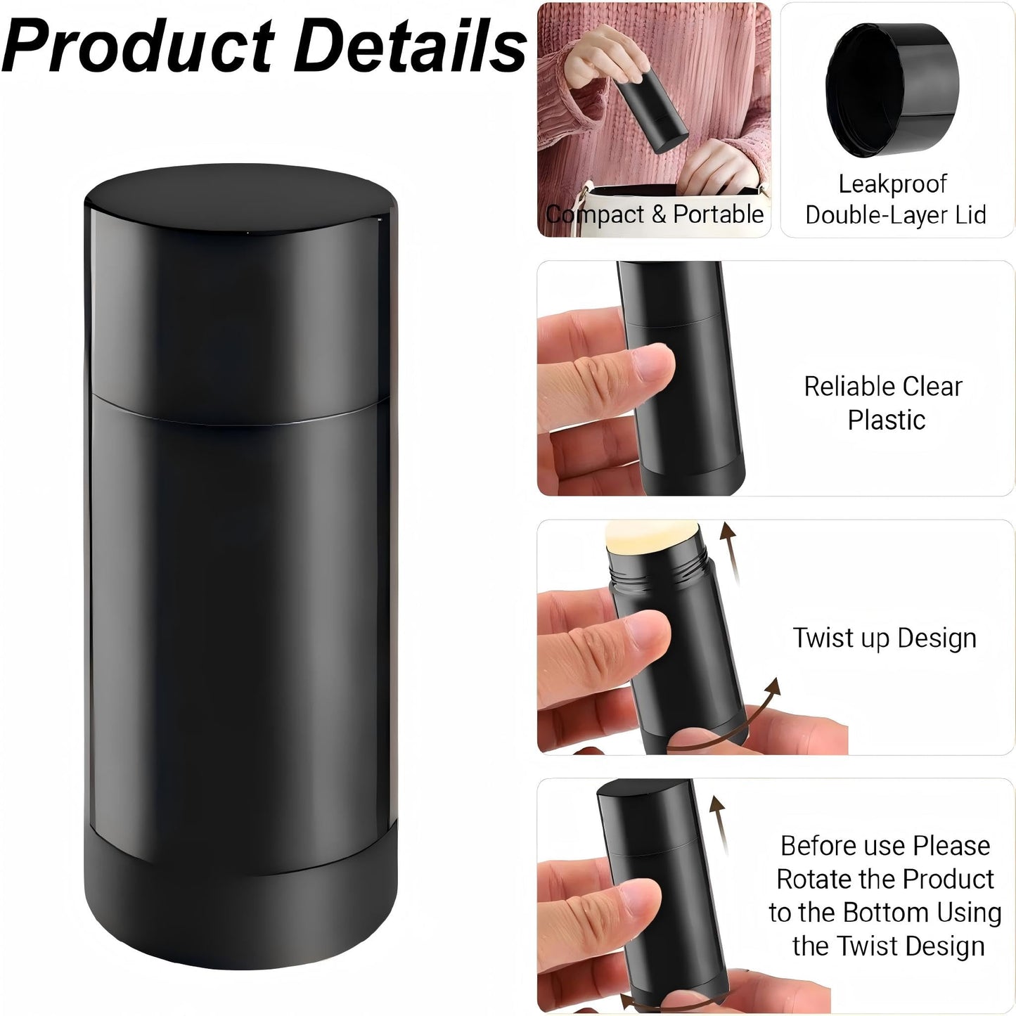 meleg otthon 12 Pcs Empty Deodorant Containers 2.5oz/75ml Twist Up Refillable Deodrant Containers Leak Proof Black Deodorant Bottles Round Lip Balm Tubes for DIY Lipstick Crayon