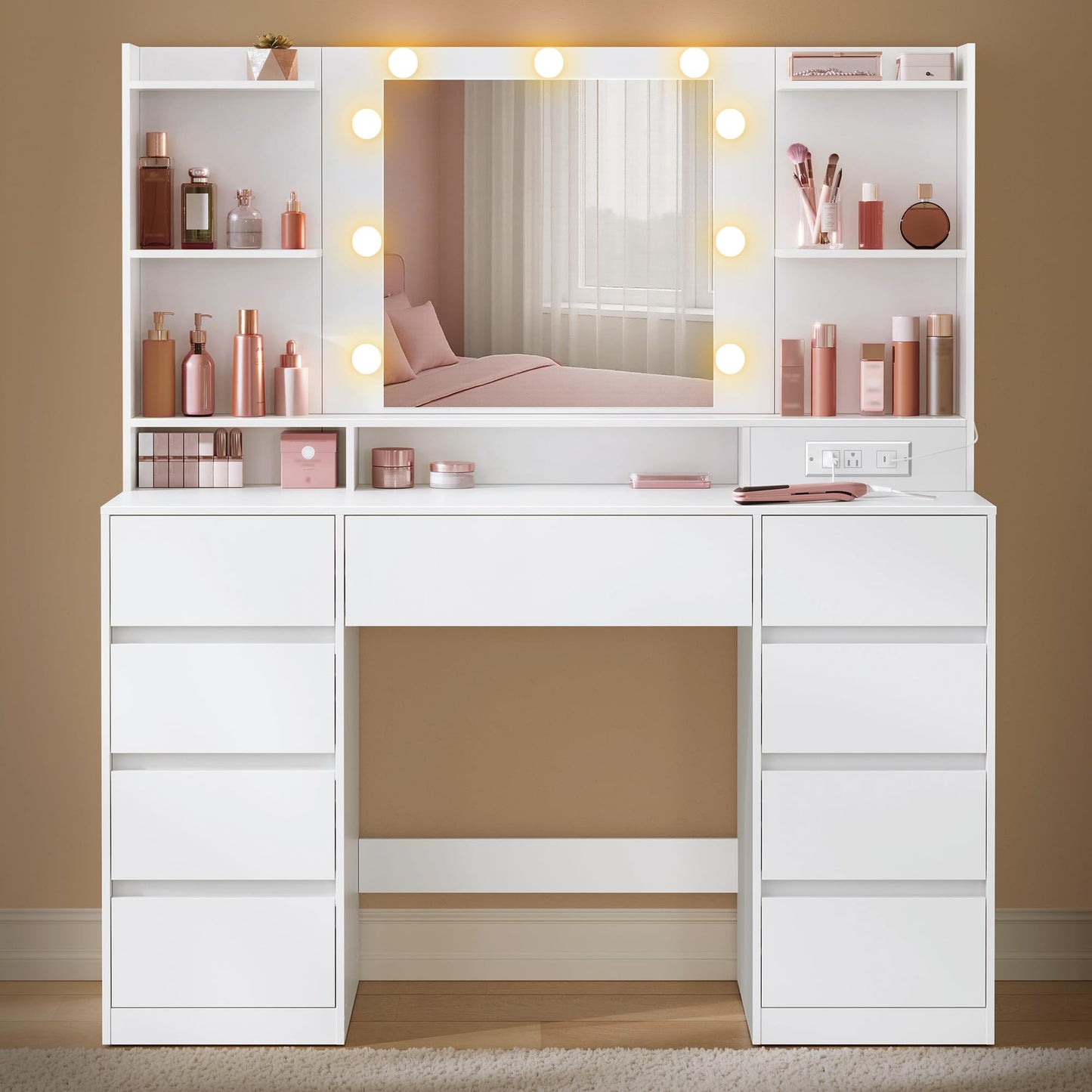 VASAGLE KAILYN Collection - Vanity Desk with Mirror and 9 LED Bulbs, Modern Vanity Makeup Table with Power Outlets, Dressing Table with 9 Drawers, for Bedroom, Cloud White URDT141WB01S