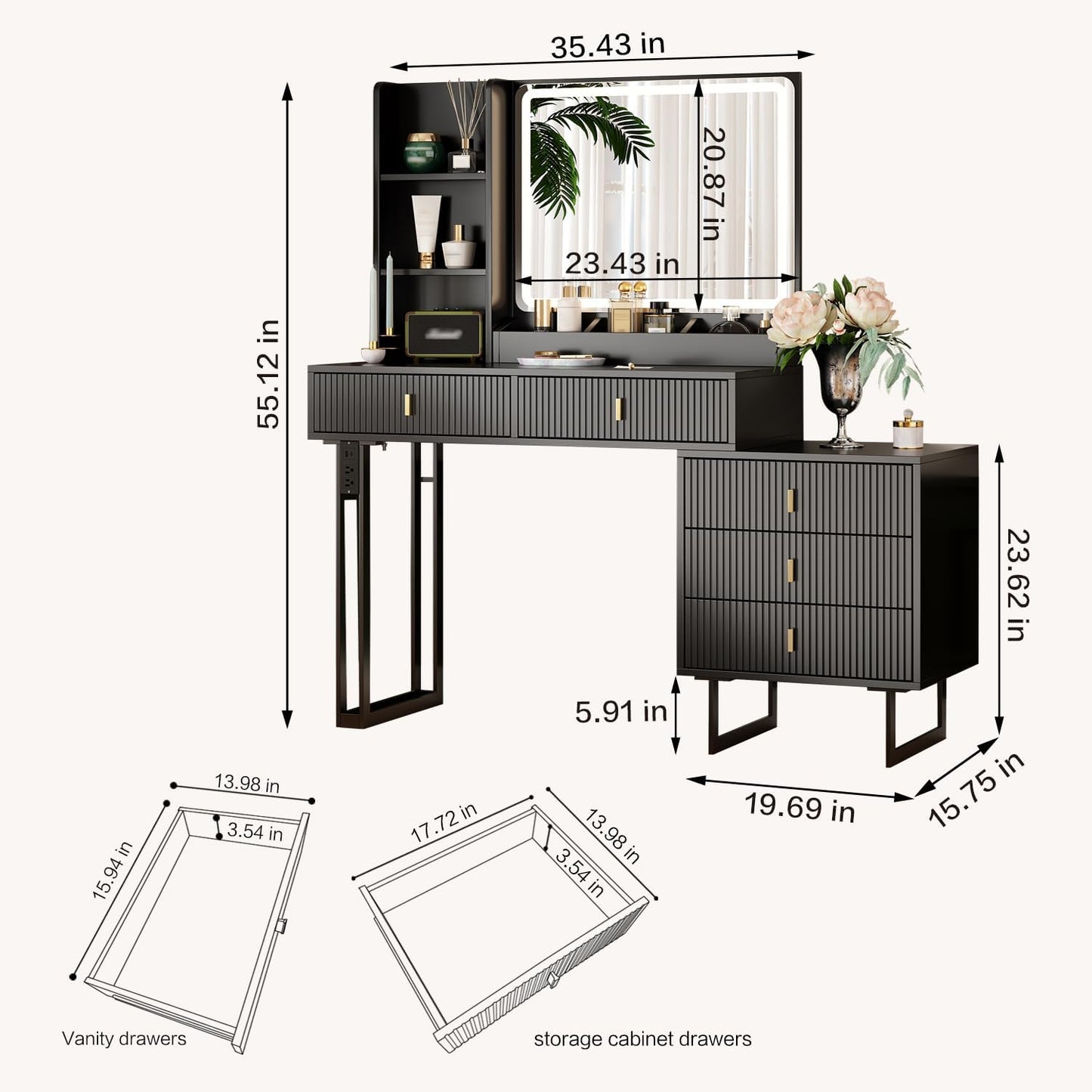 Large Vanity Desk with 3 Color Touch Screen Dimming Mirror, Vanity Desk with Charging Station, Modern Retractable Makeup Dressing Table, Makeup Table With storage shelves and 5 Sliding Drawers, Black