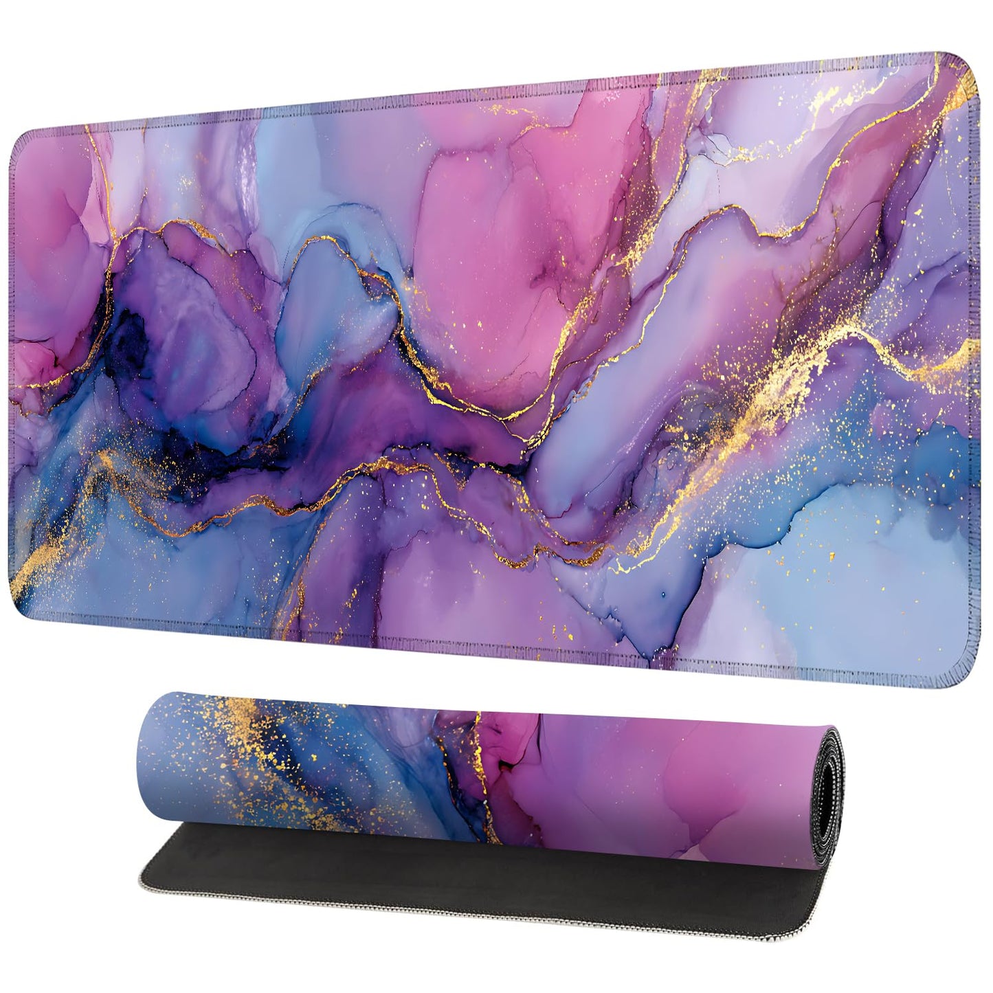 Purple Marble Ink Mouse Pad – Large Extended Desk Mat 31.5 x 11.8 in– Alcohol Ink Watercolor with Gold Vein Design, Non-Slip Base, Waterproof Surface, Aesthetic Keyboard & Mouse Pad
