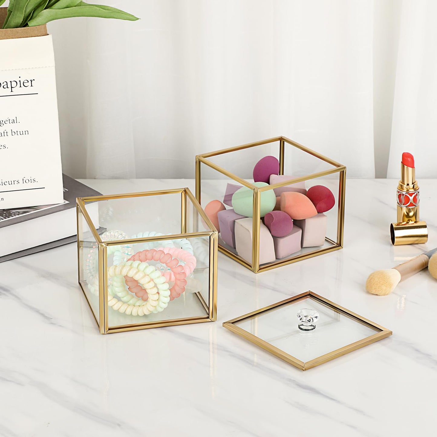 Hipiwe Glass Qtip Holder Dispenser with Lid 2-Tier Stackable Bathroom Containers Cotton Ball & Swab Holder Vanity Organizer Jars Gold for Makeup Pads