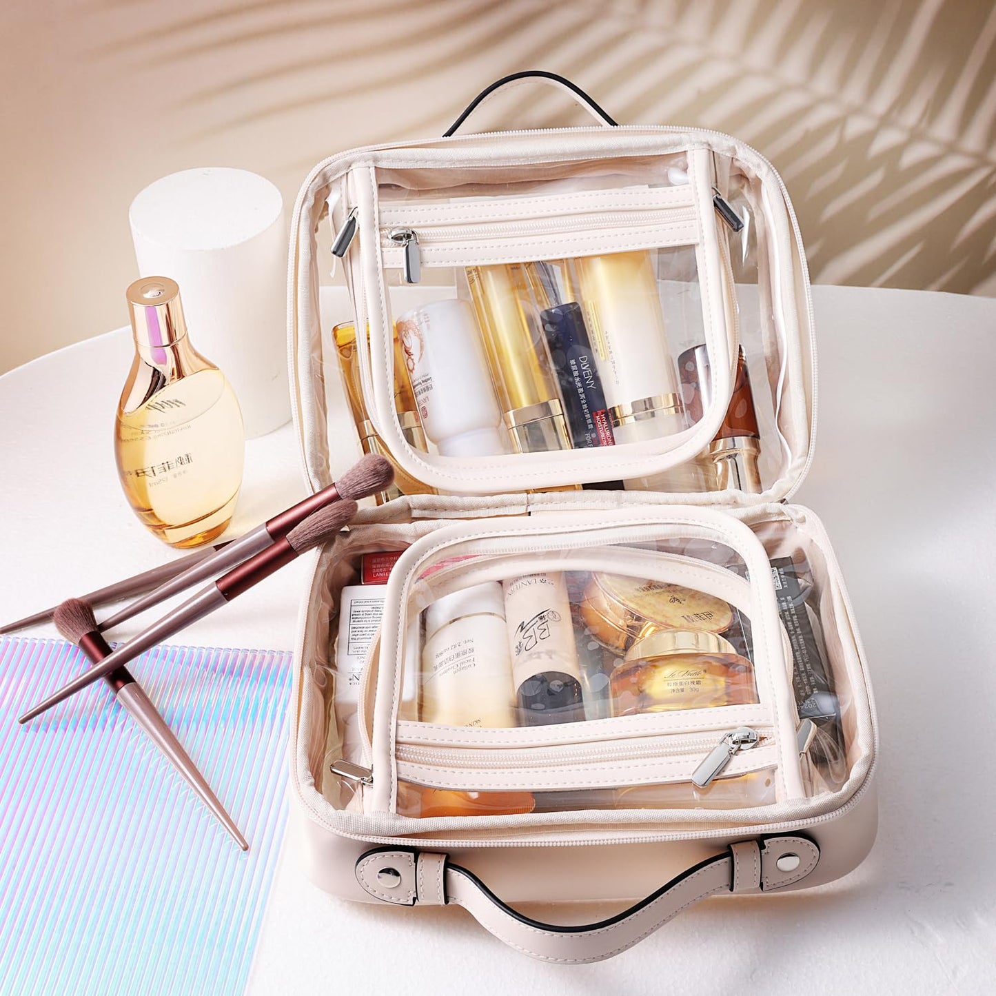SANHECUN traveling toiletry case clear cosmetics case makeup bag Dimensions | LxWxH:10” x 4.5” x 7.5”(Beige, Medium)