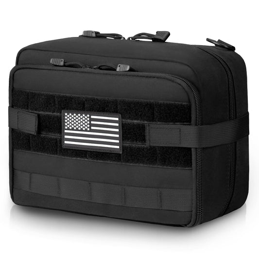 Jueachy Tactical Molle Pouch Admin Bag Utility Tool Pouches Molle Attachment EDC Large Pouches Expandable Molle Accessories Organizer Medical Pocket U.S.A Patch Included Black