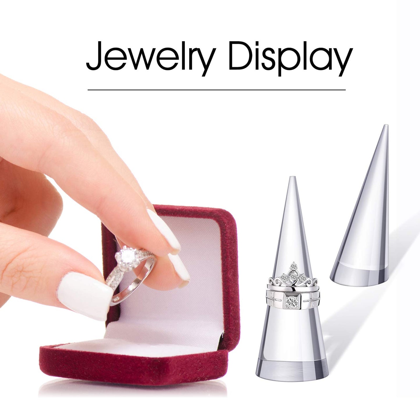 Jetec 10 Pieces Clear Acrylic Crystal Ring Holder Acrylic Ring Display Jewelry Holder Wedding Display Cone Support Single Finger Rings Showcase Stand for Jewelry (Transparent)
