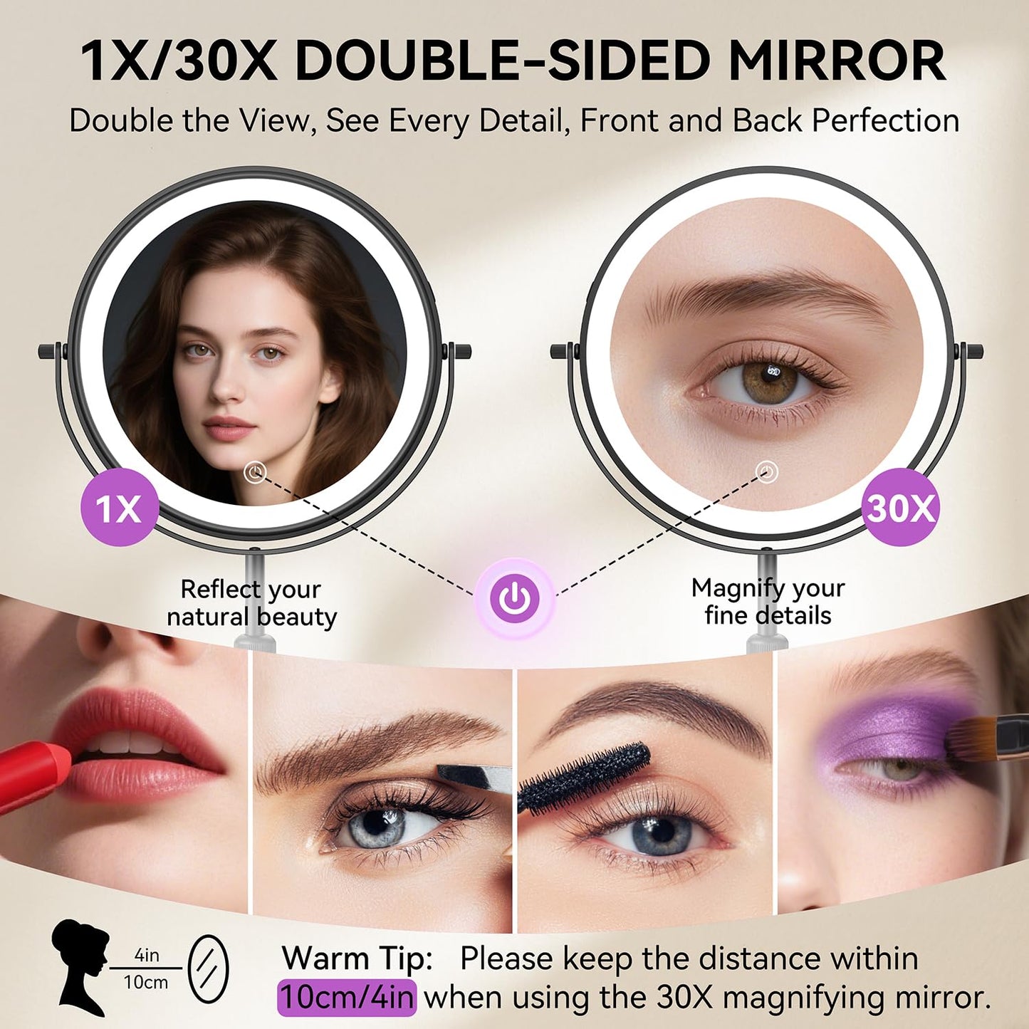 Auxmir 9" Large Lighted Makeup Mirror with Magnification, 1X/30X Double Sided Magnifying Mirror with Adjustable Height, Rechargeable Vanity Mirror with 3 Color Dimmable Lights, 360° Rotation