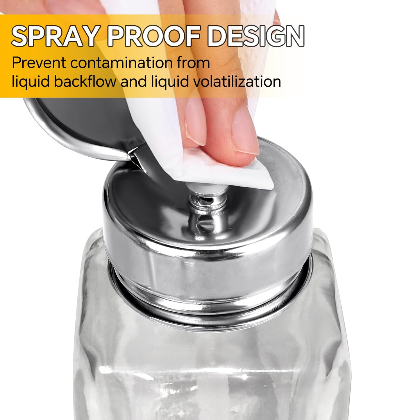 2PCS 6Oz/180ML Clear Glass Pump Dispenser Bottle, Metal Flip Top Press Container, Refillable Liquid Dispenser for Nail Polish Remover, Makeup Remover & Alcohol - Leak-Proof for Home, Salon & Travel