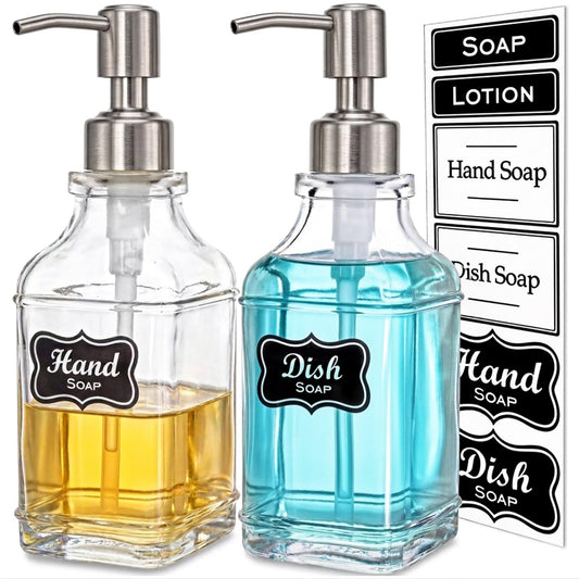 JASAI 2Pack Antique Design Glass Soap Dispenser with Rust Proof 304 Stainless Steel Pump, Refillable Hand Soap Dispenser with 10Pcs Stickers, Premium Soap Dispensers for Kitchen & Bathroom (Clear)