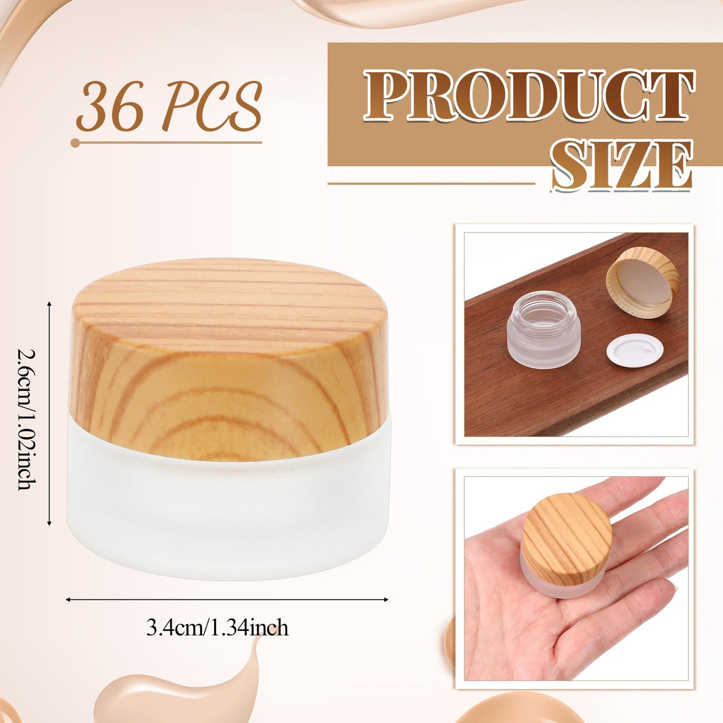 36 Pcs 5 Grams Glass Cosmetic Containers, Round Frosted Cosmetic Jars with Leak proof Woodgrain Lids, Makeup Sample Containers, Empty Glass Sample Jars for Lotion, Cream, Scrub, Balm
