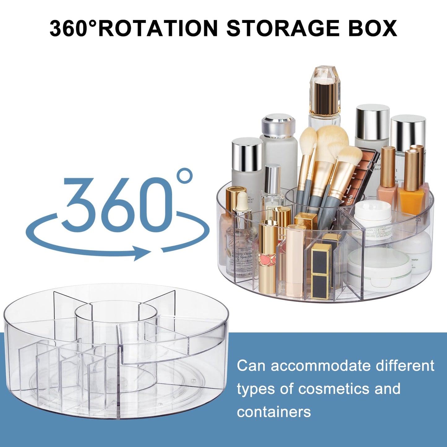 360° Rotating Makeup Organizer, 10" Clear Turntable Lazy Susan Organizer for Vanity, Bathroom Counter, Cabinet, Spinning Cosmetic Storage Holder with 6 Dividers for Skincare, Makeup Brushes, Lipsticks
