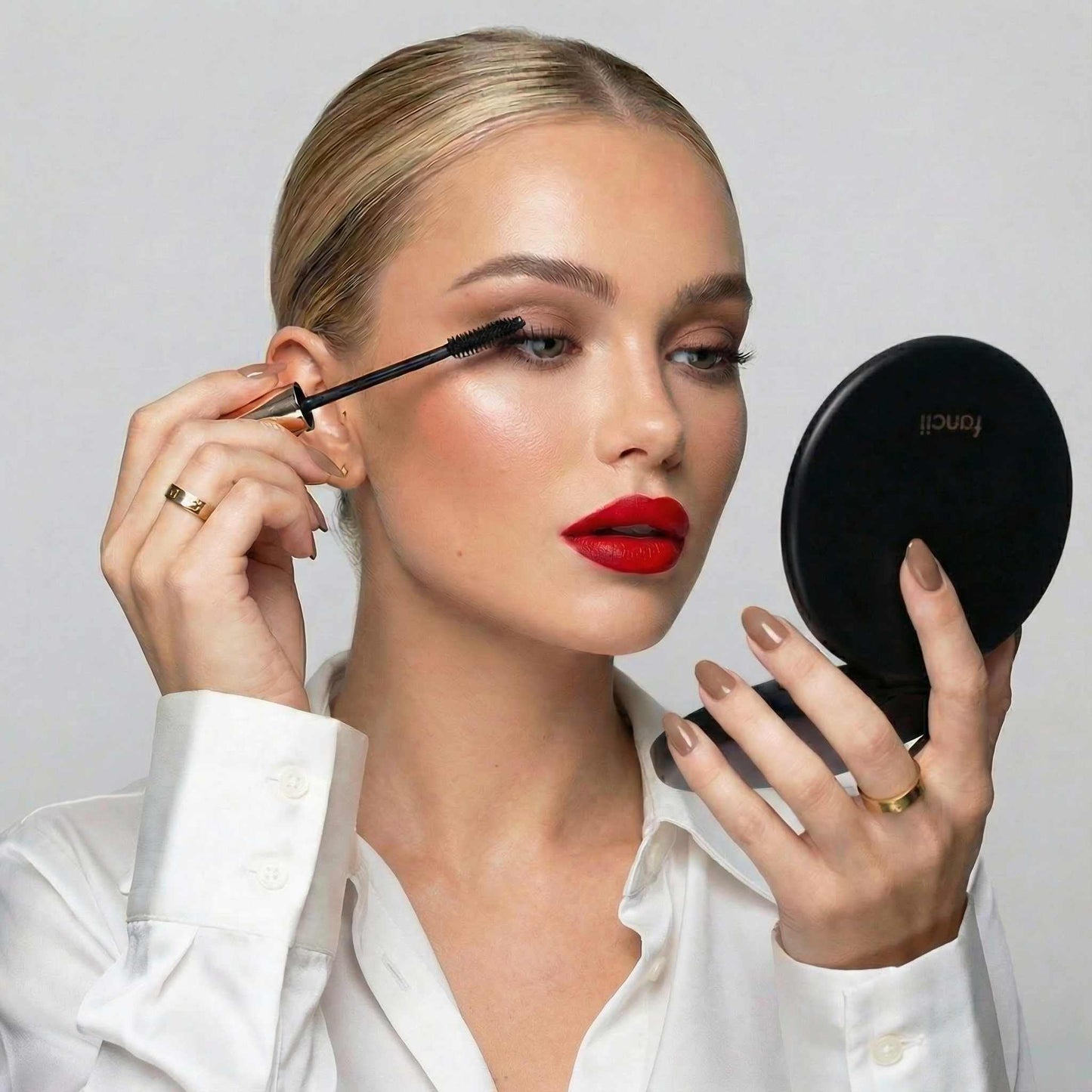 Fancii Taylor LED Lighted Travel Makeup Mirror, Rechargeable with 10x/1x Magnifying & 3 Light Settings - Compact, Portable, Large 5” Wide Hand Mirror for Handbag and Purses (Black)