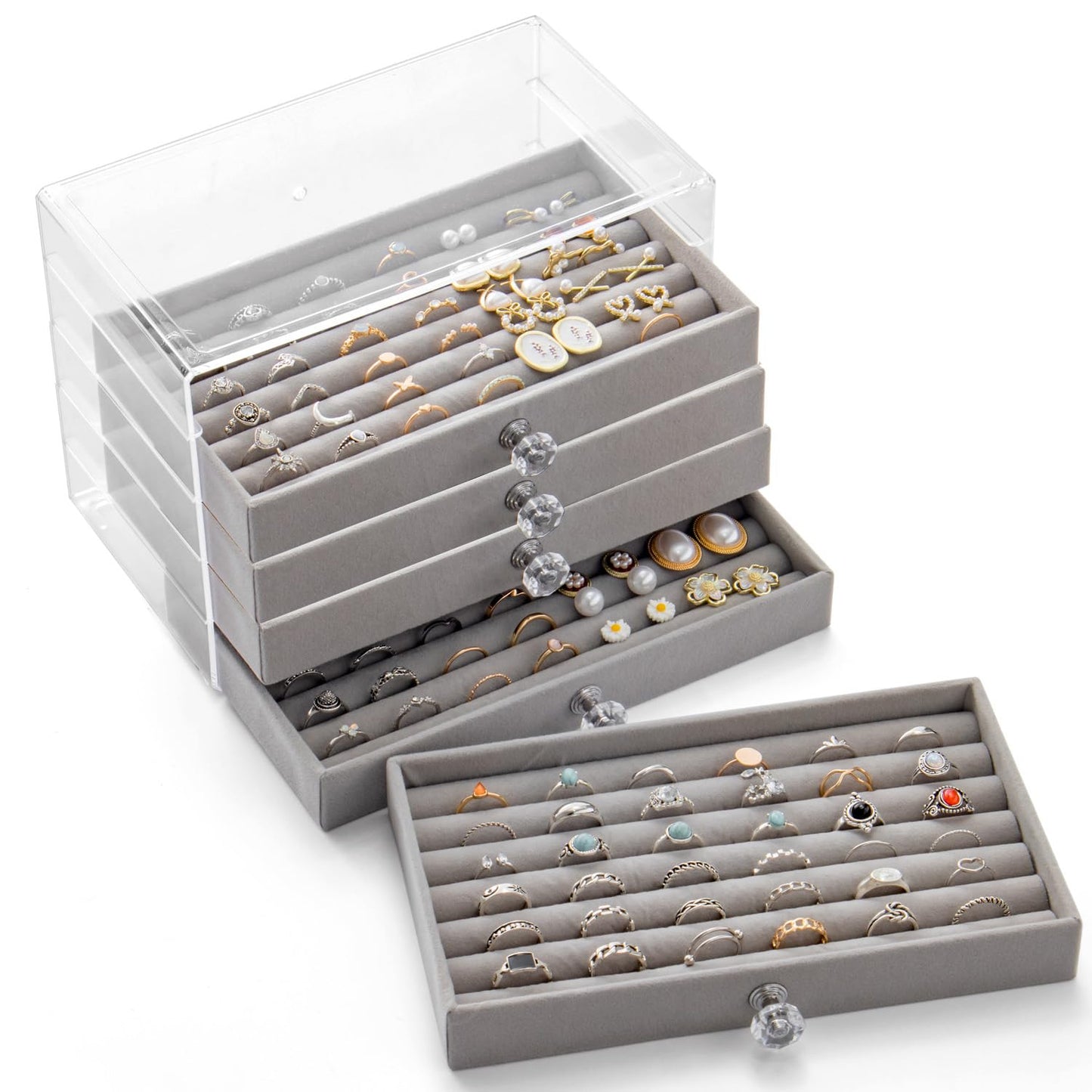 SPAKOWN Ring Box Display Holder, Clear Velvet Jewelry Storage Tray Organizer for Ring Stud Earring (Grey - 5 Drawers)