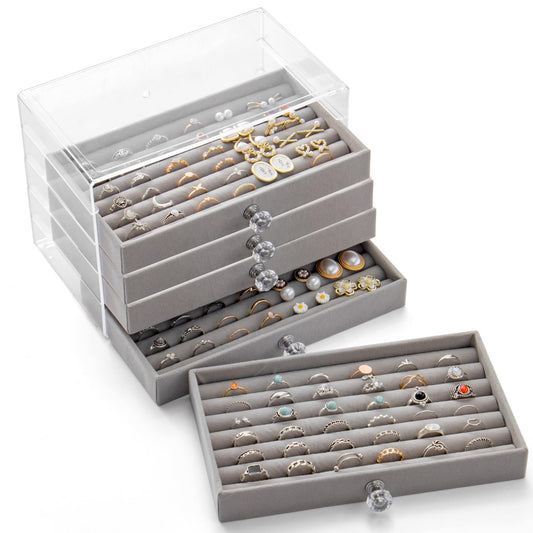 SPAKOWN Ring Box Display Holder, Clear Velvet Jewelry Storage Tray Organizer for Ring Stud Earring (Grey - 5 Drawers)