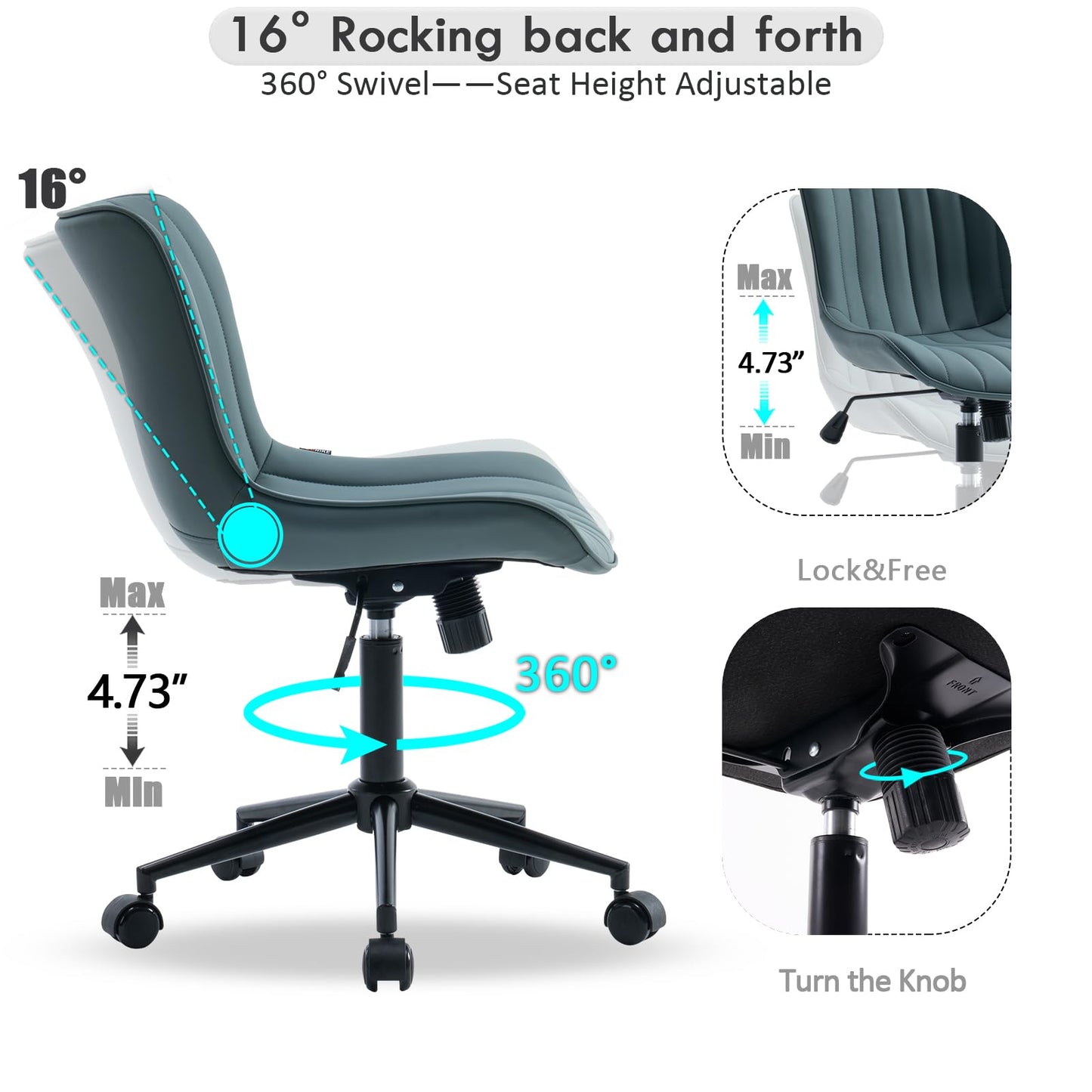 YOUNIKE Ergonomic Armless Office Chair Faux Leather Small Cute Desk Chair with 12° Rocking Back Adjustable Height Swivel Vanity Chair Compact Computer Rolling Task Chair for Small Spaces Greyish Green