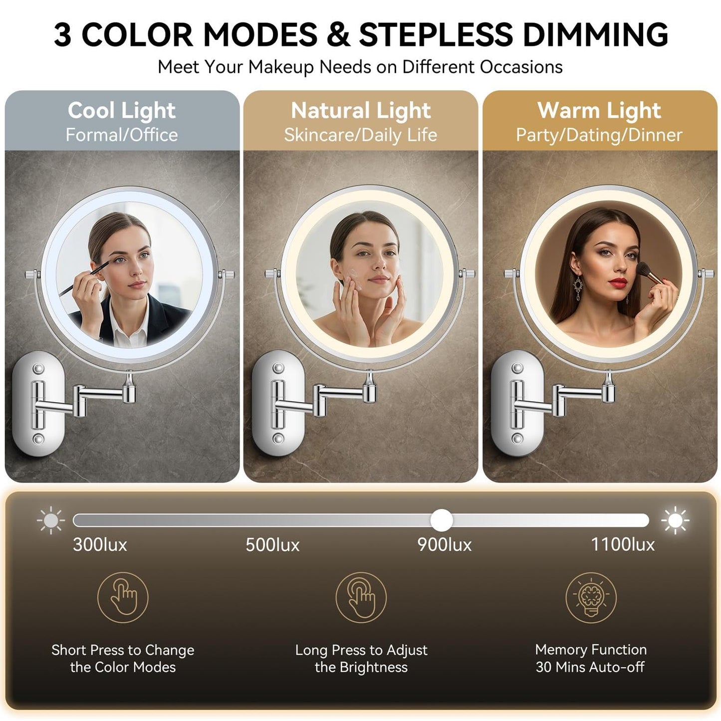 Auxmir 8'' Wall Mounted Lighted Makeup Mirror, 3200mAh Rechargeable Double-Sided 1X/20X Magnifying Mirror with Light, Touch Dimmable 3 Color Light, 360° Rotation Foldable Extended Arm, Chrome