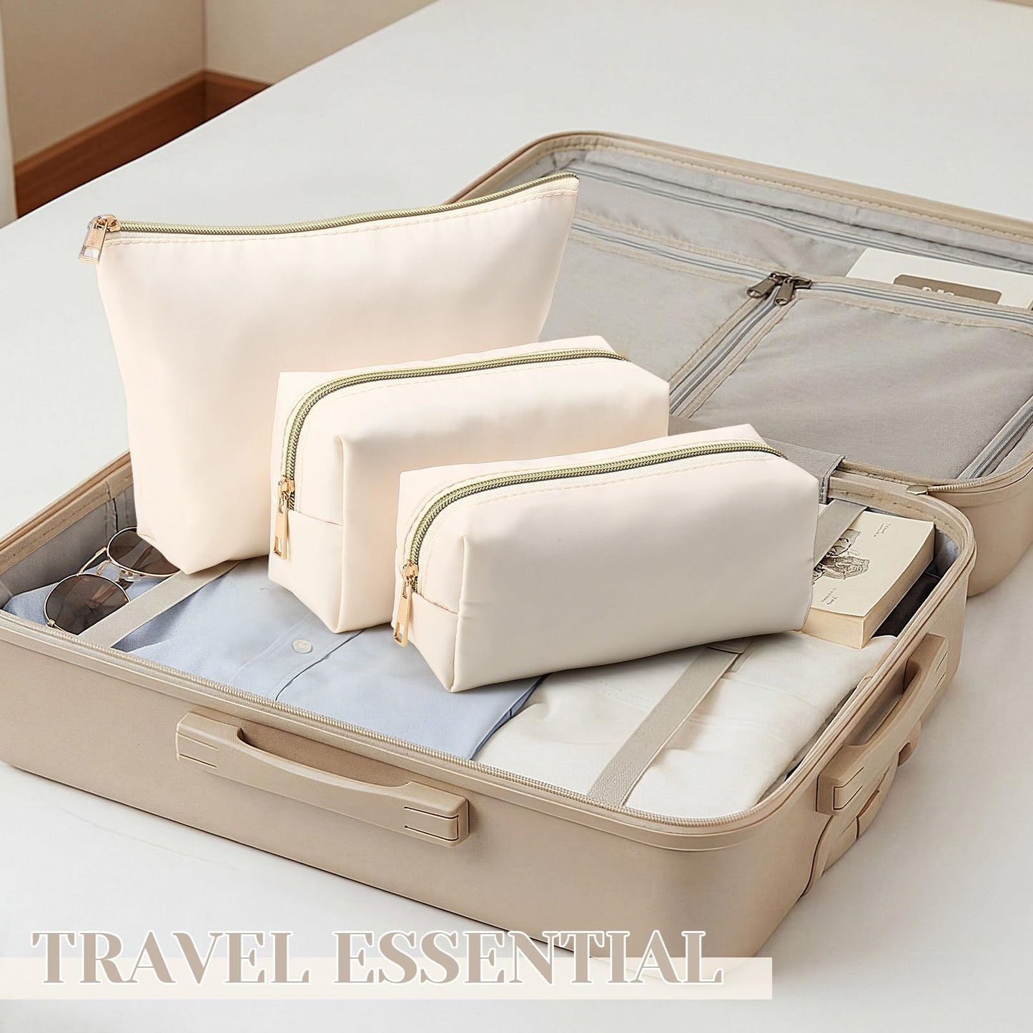 Kigeli 3 Pcs Nylon Makeup Bag Set for Women Aesthetic Cosmetic Bag with Interior Pocketes Preppy Cute Purse Pouch Makeup Brushes Storage Organizer for Travel(Beige)