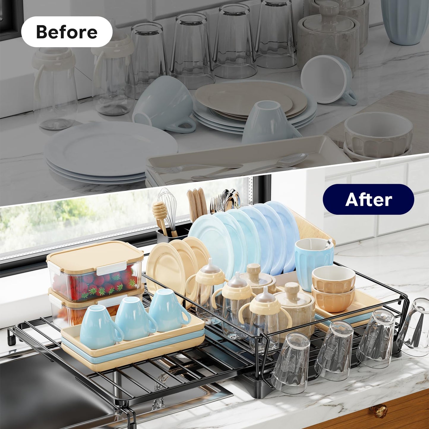 Simple Trending Dish Rack - Expandable Dish Drying Rack for Kitchen Counter, Large Capacity Dish Drainers, Stainless Steel Dish Strainer with Utensil & Cup Holders, Black