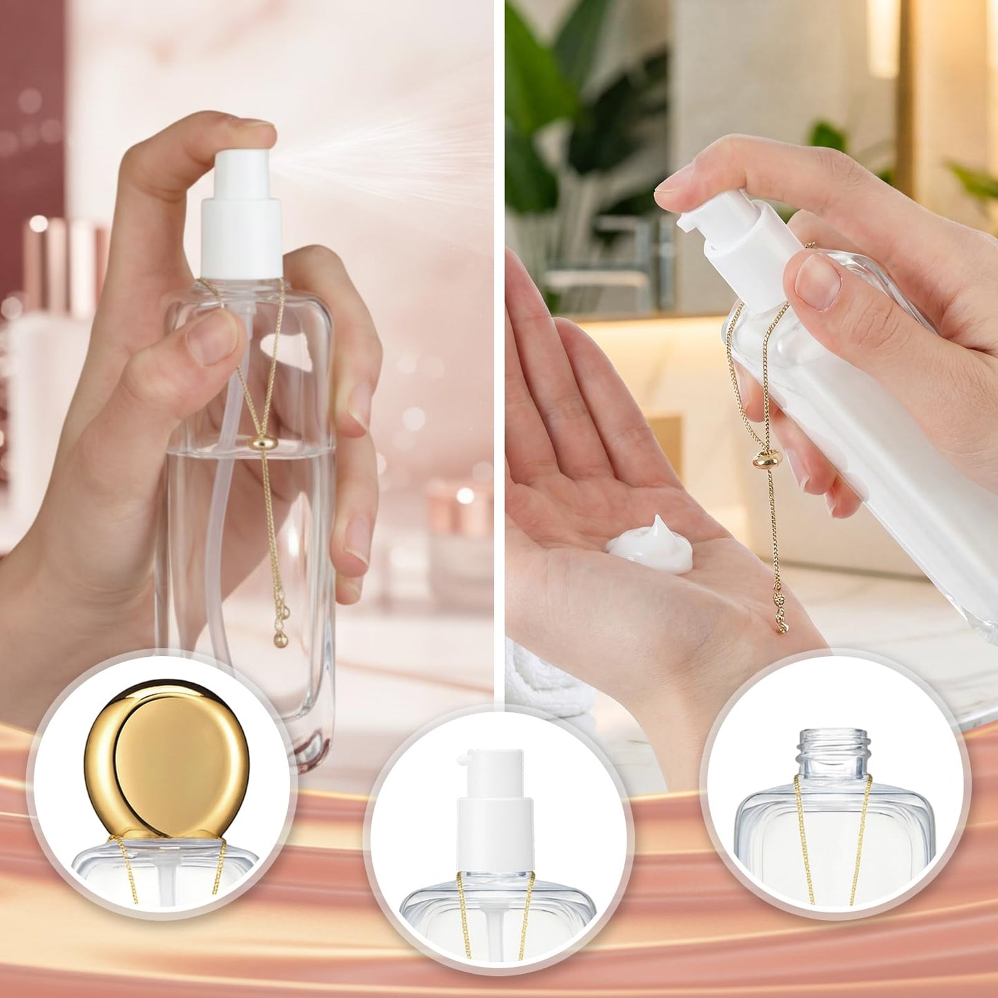 Gandeer 4 Pcs 4oz Luxury Glass Bottles with Pump Glass Toner Bottle with Gold Chain Perfume Spray Bottle Travel Lotion Vial with 2 Plastic Pump Head 2 Spray Head for Cosmetic Toner(Clear)