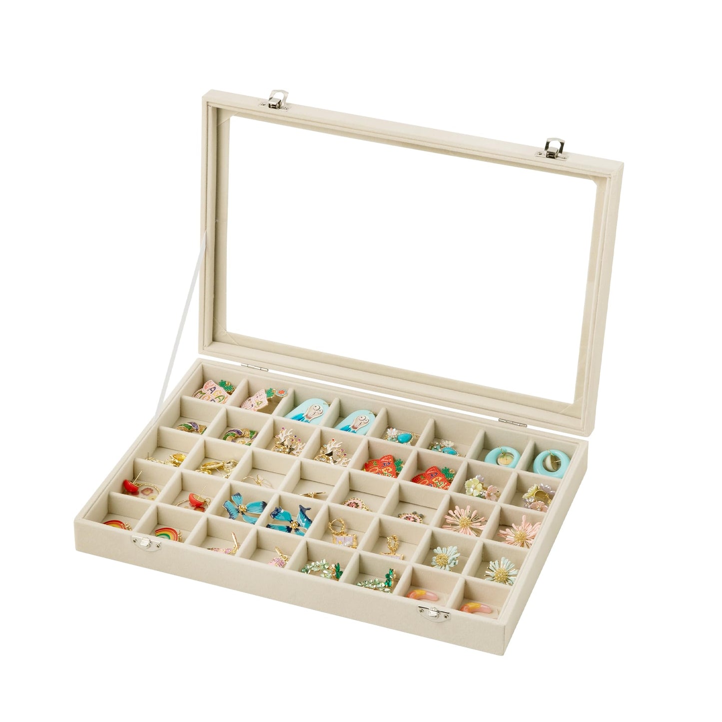 Frebeauty 40 Grid Jewelry Tray,Adjustable Earring Holder Organizer with Glass Lid,Velvet Drawer Jewelry Organizer for Rings,Studs,13.8 x 9.5 x 2 Inches Jewelry Display Box,Gift for Women(Beige)