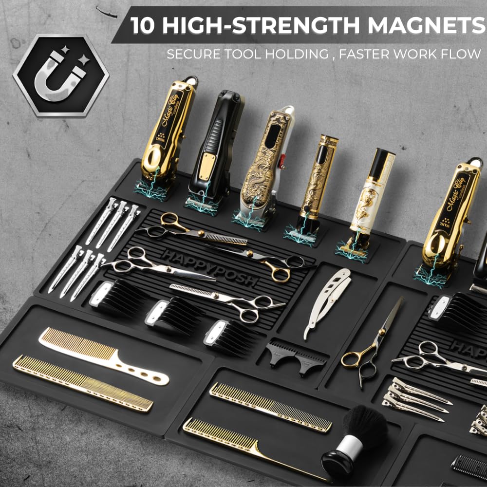 HAPPYPOSH Magnetic Barber Mats for Clippers, 7-Piece Modular Barber Station Organizer, Extra Large Barber Workstation Mat with 10 Strong Magnets, Non-Slip Professional Barber Tool Organizer