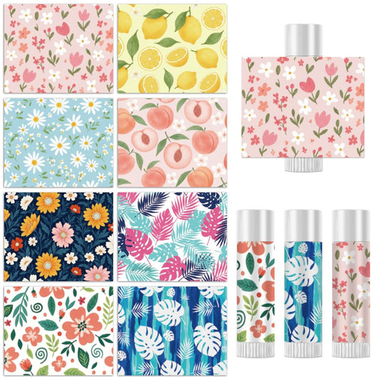 Peacoblue 160Pcs Lip Balm Labels Sticker for Tubes 2.1"x1.7" Solid Floral Fruit Pattern, 8 Styles Waterproof Chapstick Labels Glossy for Homemade Lip Balm Container Wedding Party Holiday Gifts