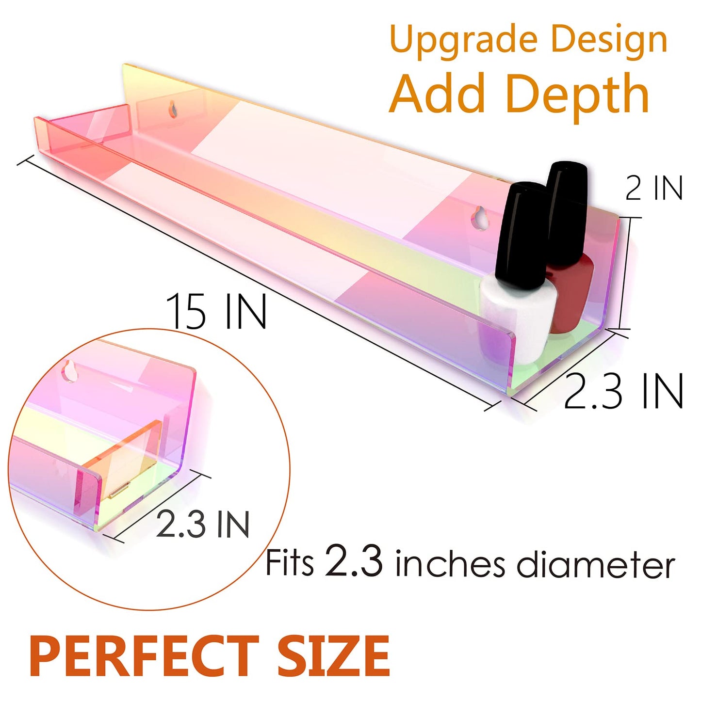 RORKIM 8 Pack 15 Inch Iridescent Acrylic Shelves, Clear Rainbow Kids Floating Bookshelf for Kids Room, Modern Sunglasses Essential Oil Picture Ledge Display Toy Storage Wall Shelf