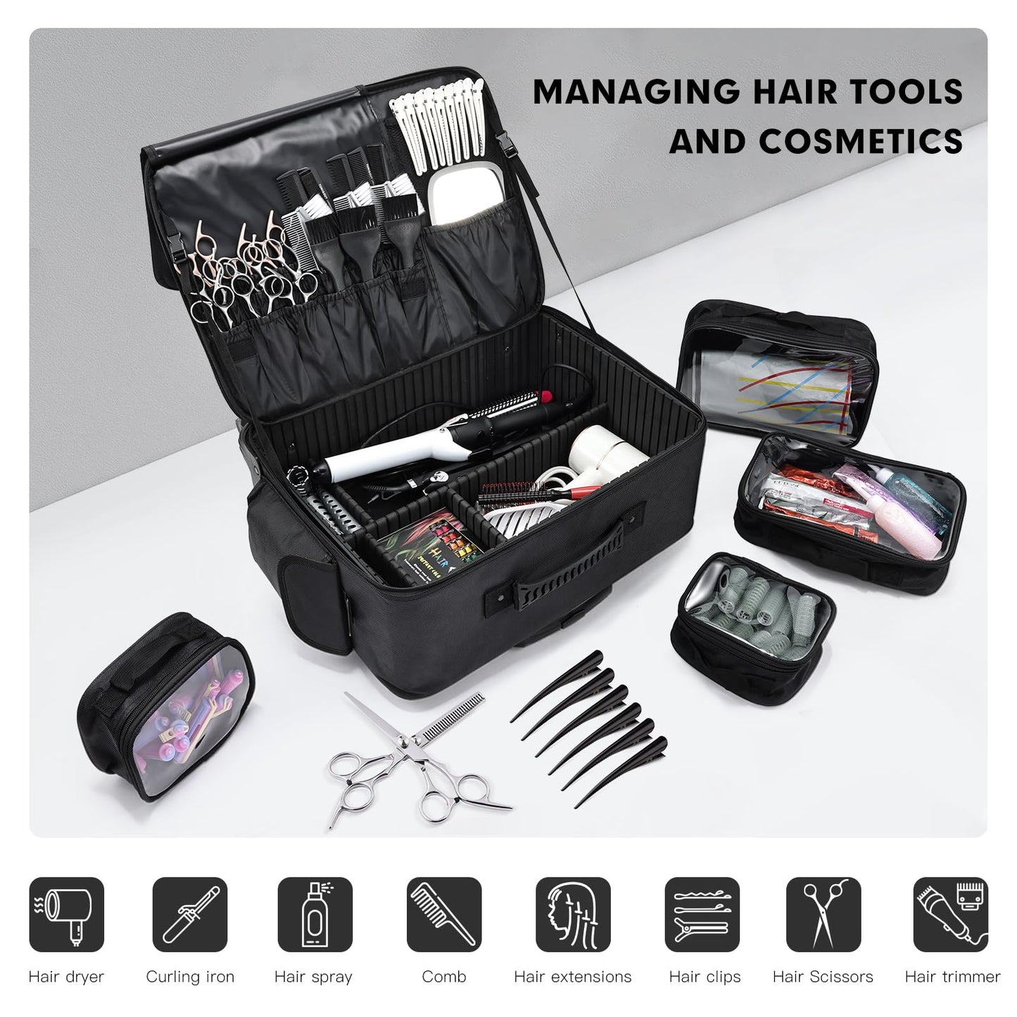 Rolling Makeup Case Cosmetology Case on Wheels Extra Large Cosmetic Artist Bag Portable TravelCase for Hairstylists Nail Tech Traveling Professional Make Up Train Suitcase Carts Trolley, Black